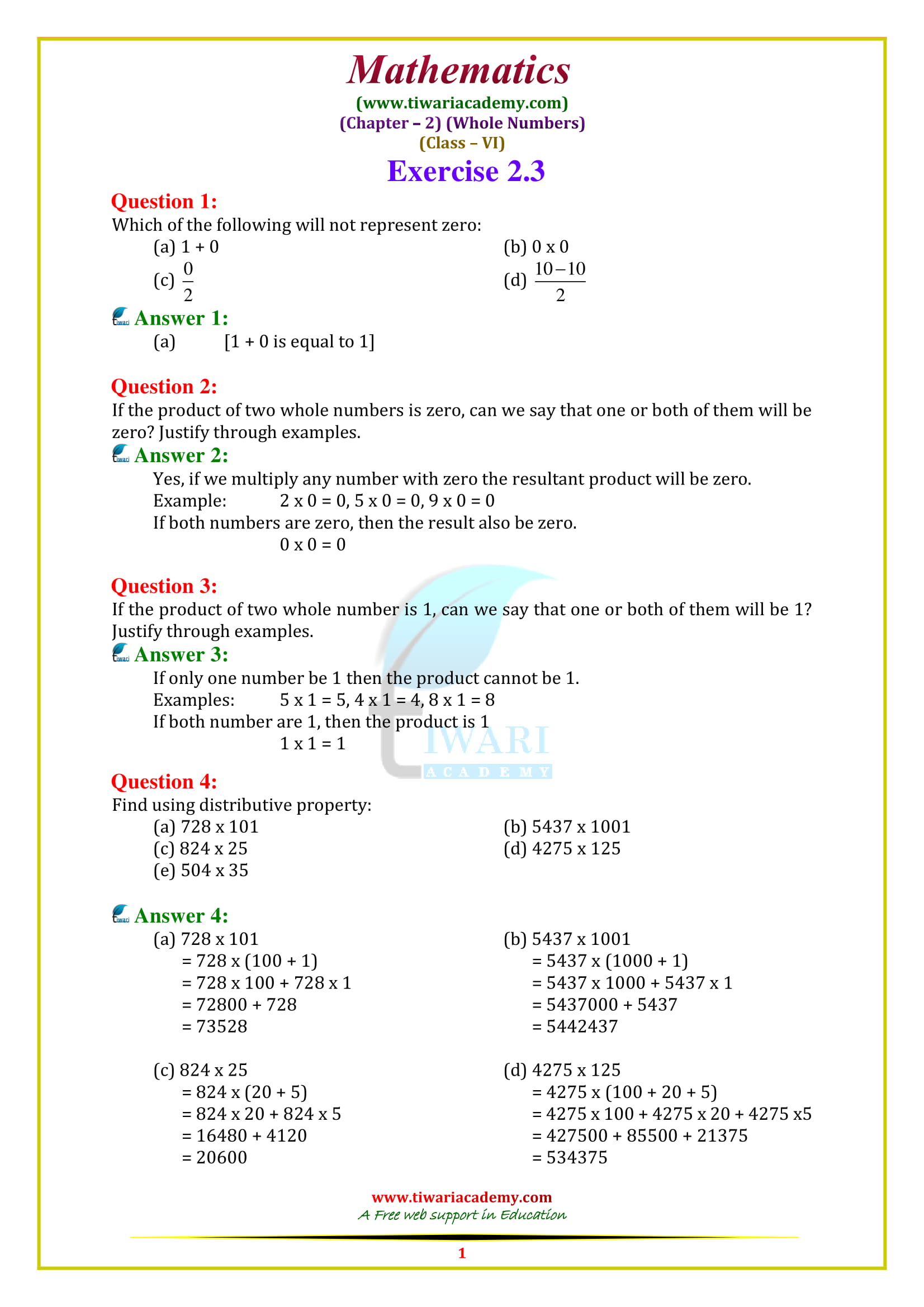 NCERT Solutions for Class 6 Maths Chapter 2 Exercise 2.3 in english medium