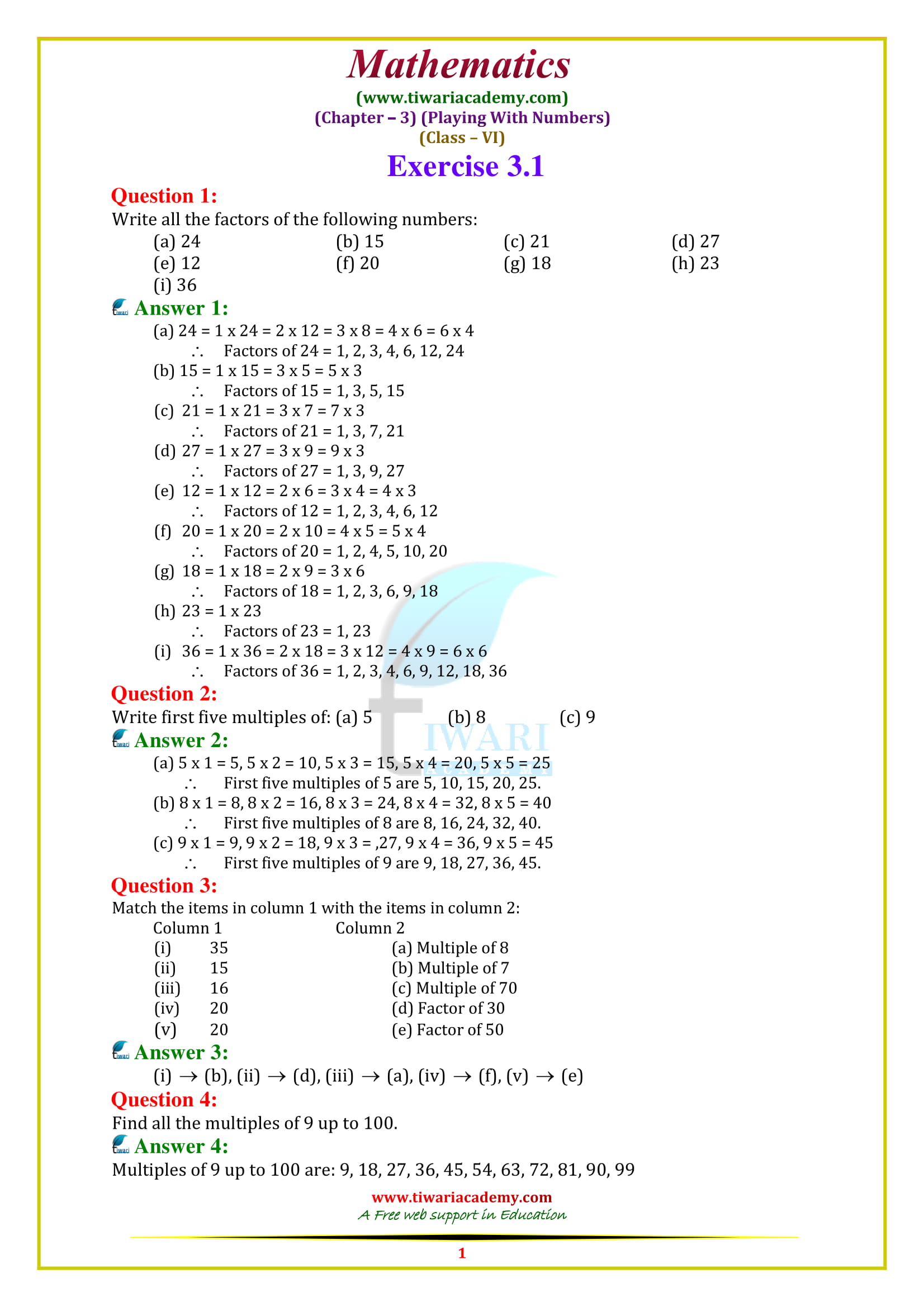 NCERT Solutions for Class 6 Maths Chapter 3 exercise 3.1 in english medium