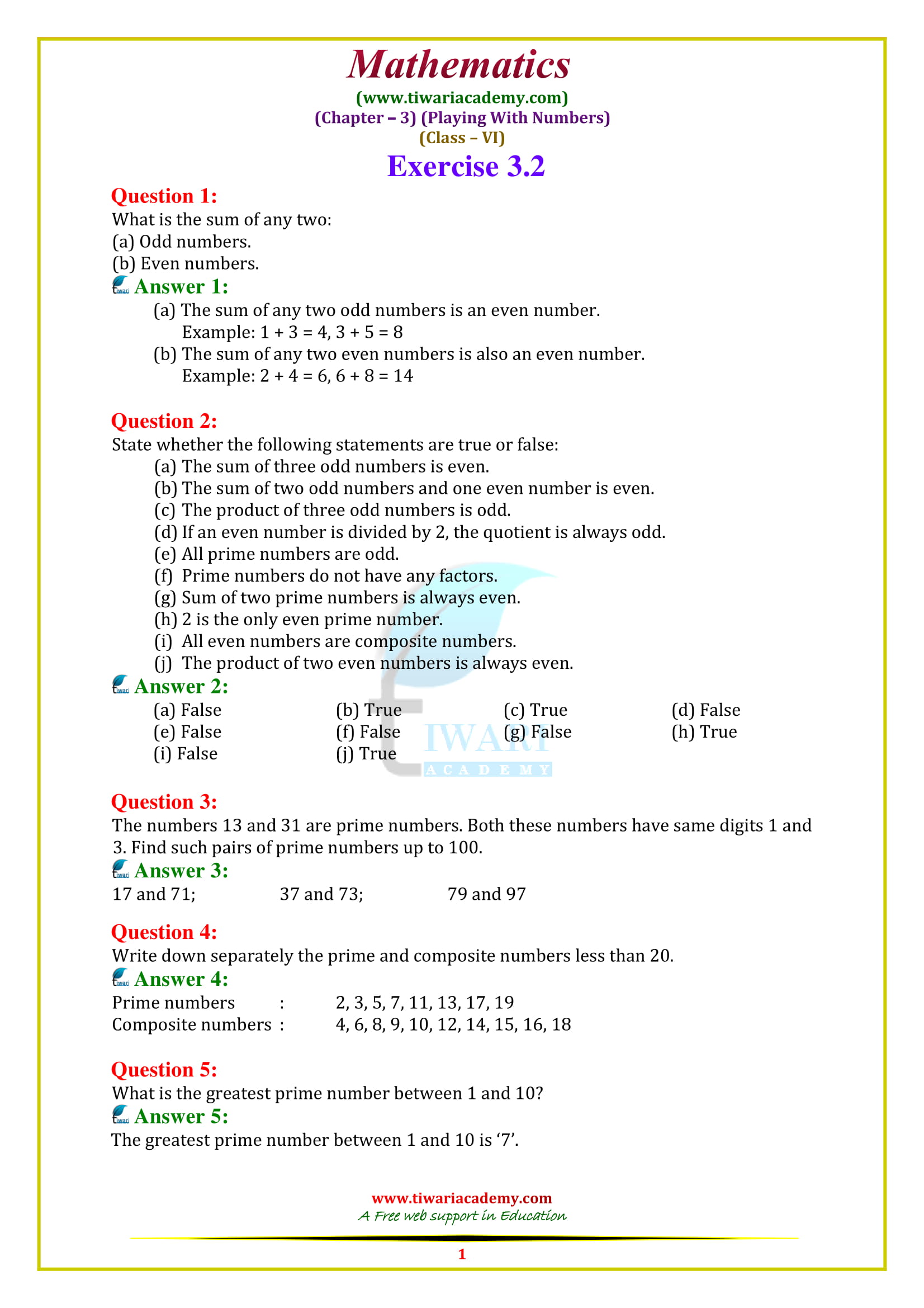 NCERT Solutions for Class 6 Maths Chapter 3 exercise 3.2 in english medium