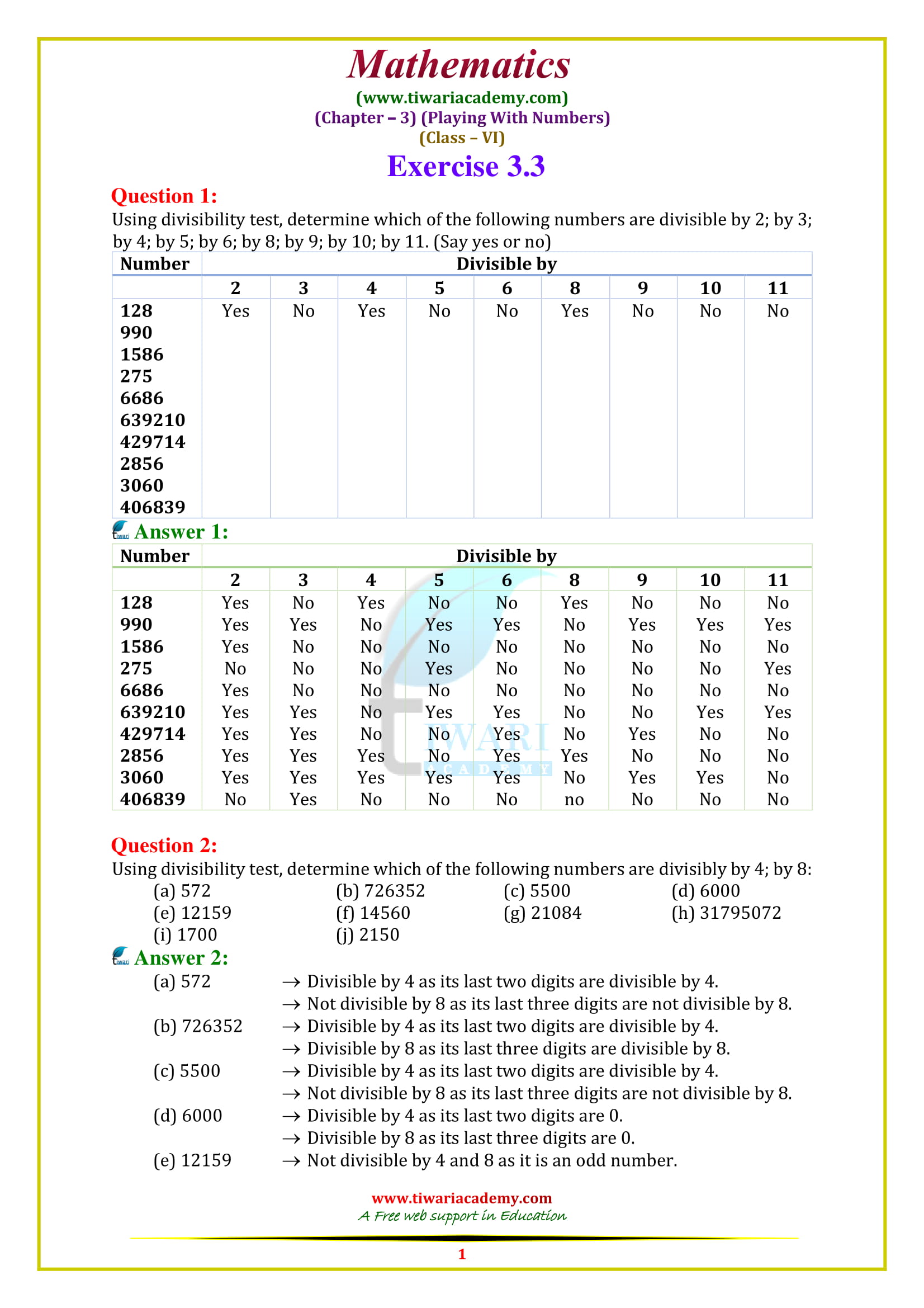 NCERT Solutions for Class 6 Maths Chapter 3 exercise 3.3