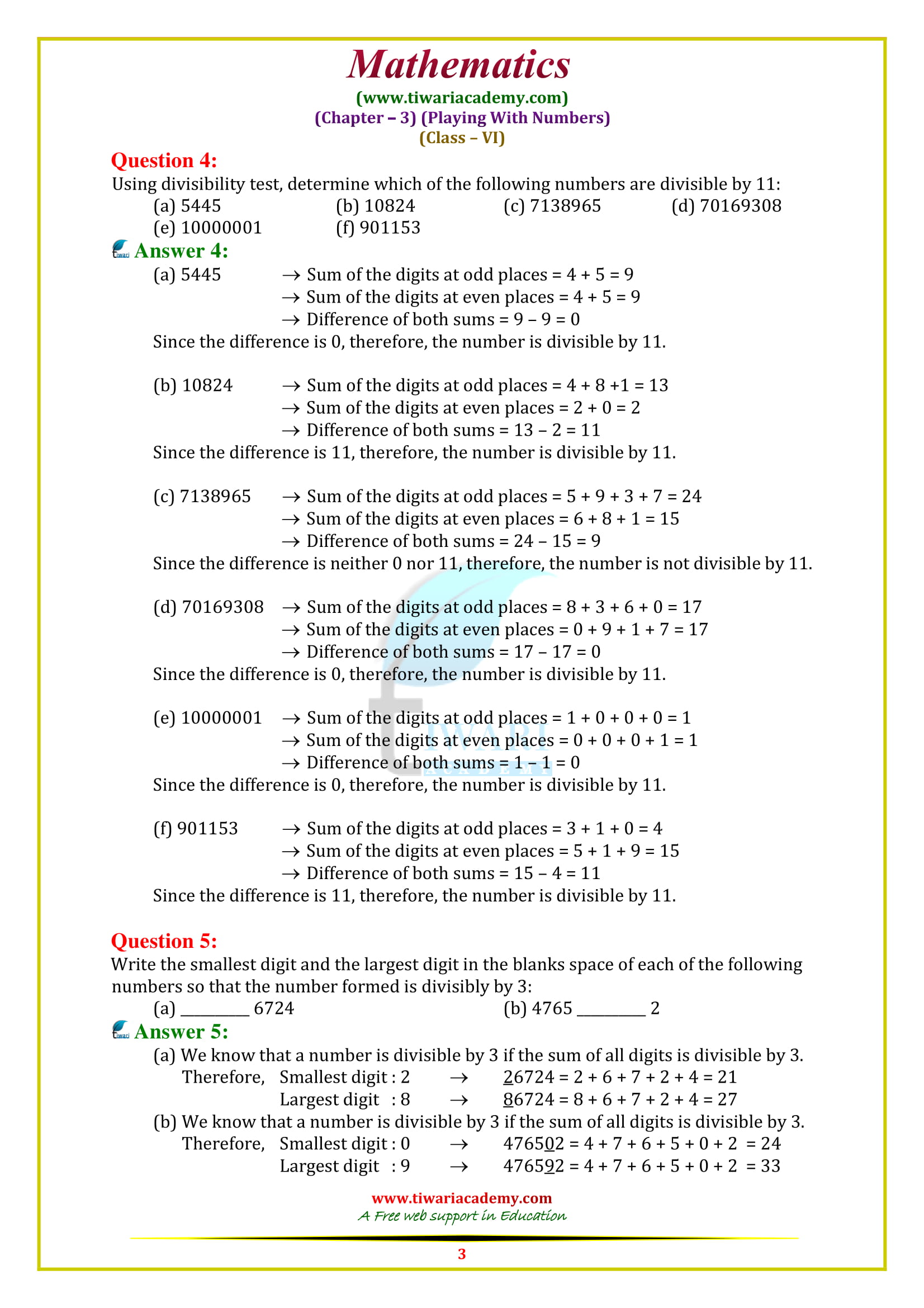 NCERT Solutions for Class 6 Maths Chapter 3 exercise 3.3 free to use online