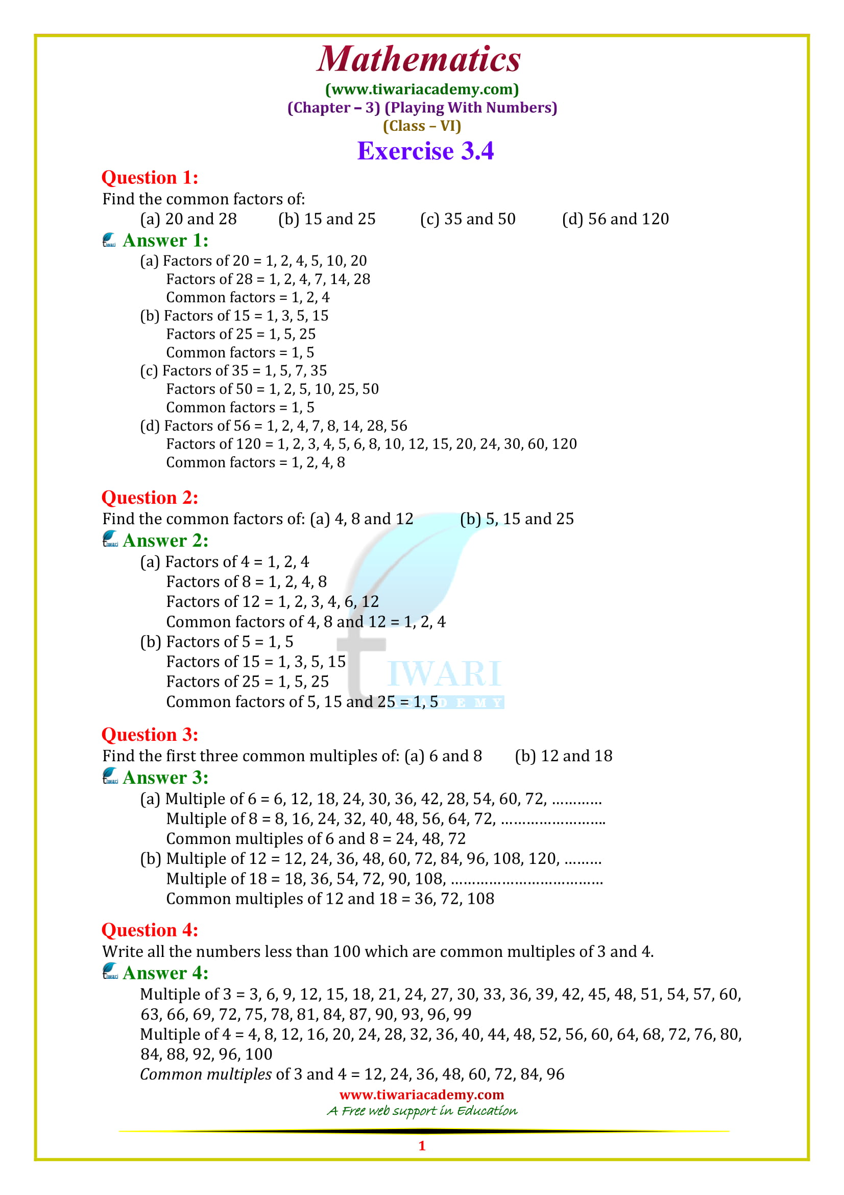 NCERT Solutions for Class 6 Maths Chapter 3 exercise 3.4 in english medium