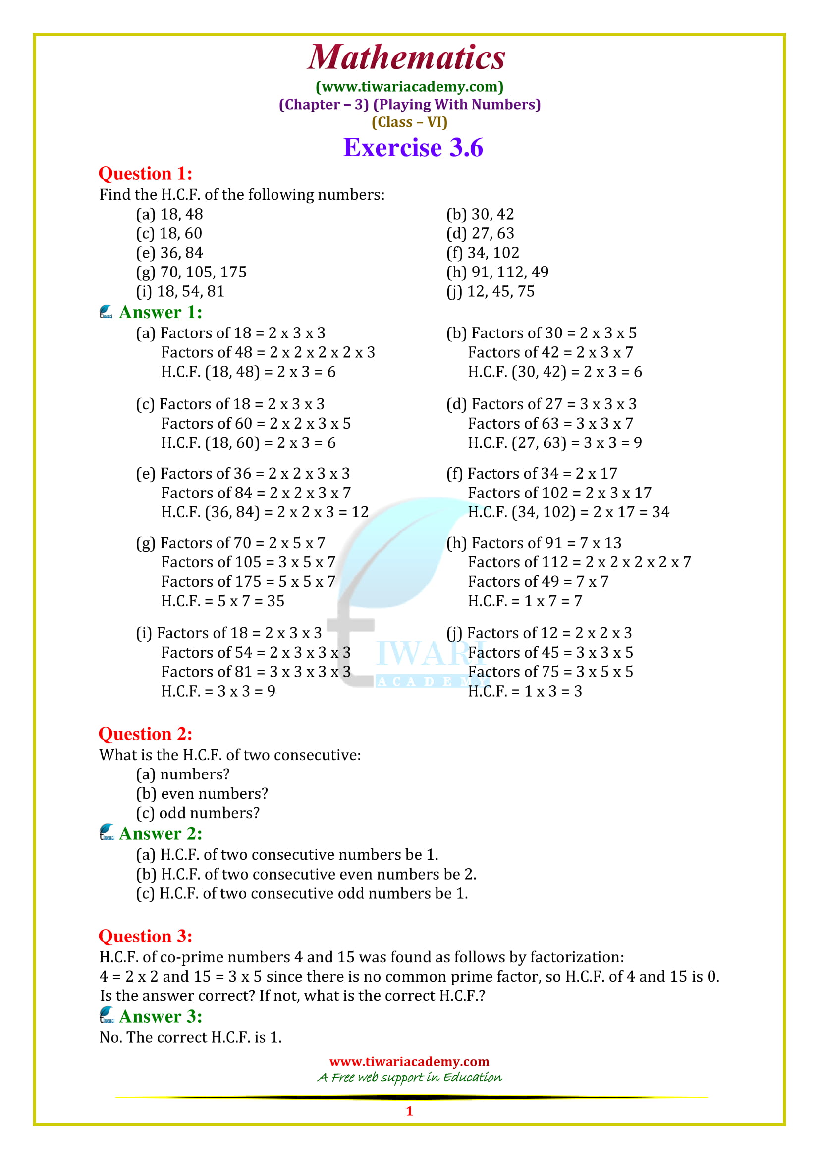 NCERT Solutions for Class 6 Maths Chapter 3 exercise 3.6 in english