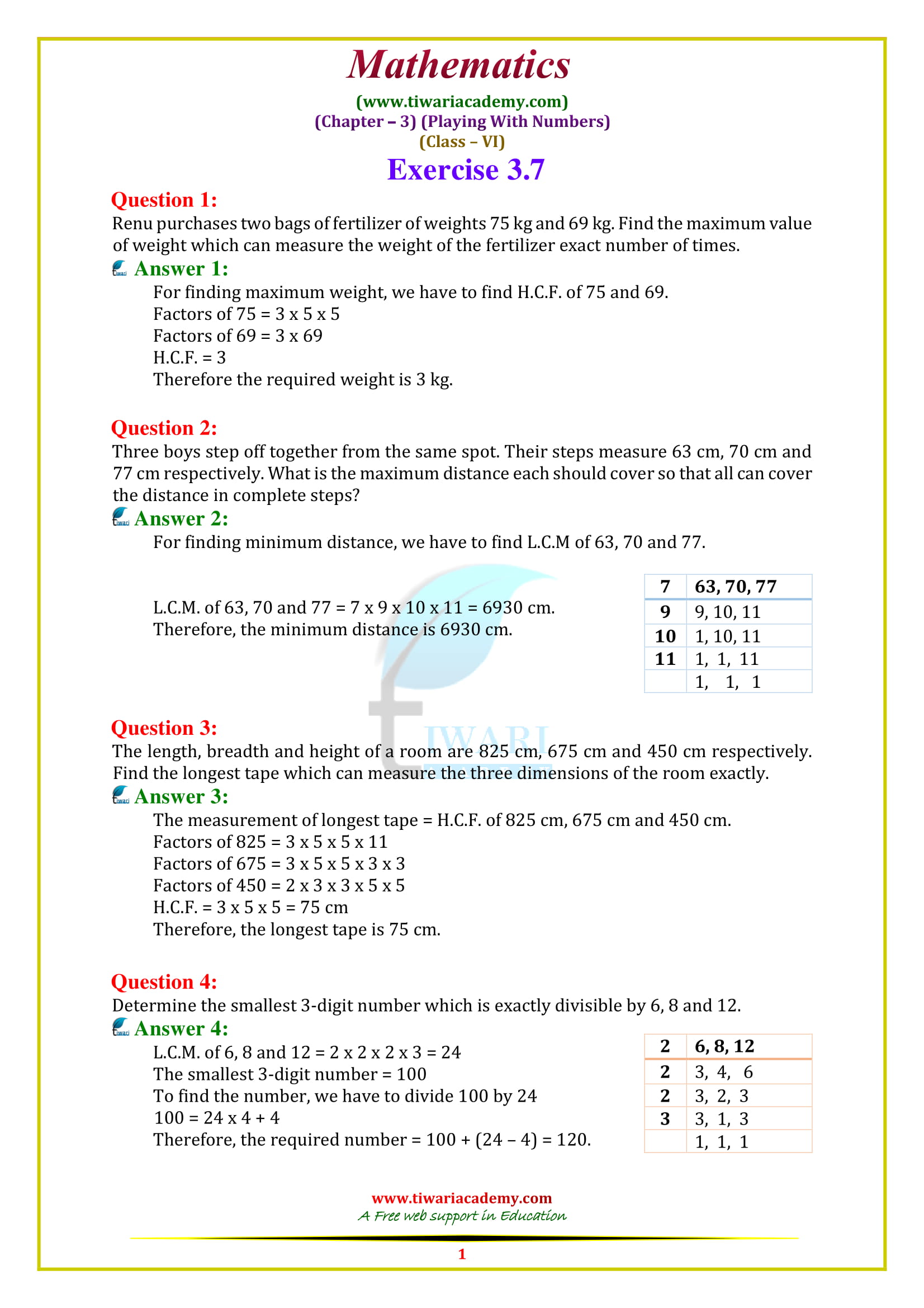 NCERT Solutions for Class 6 Maths Chapter 3 exercise 3.7