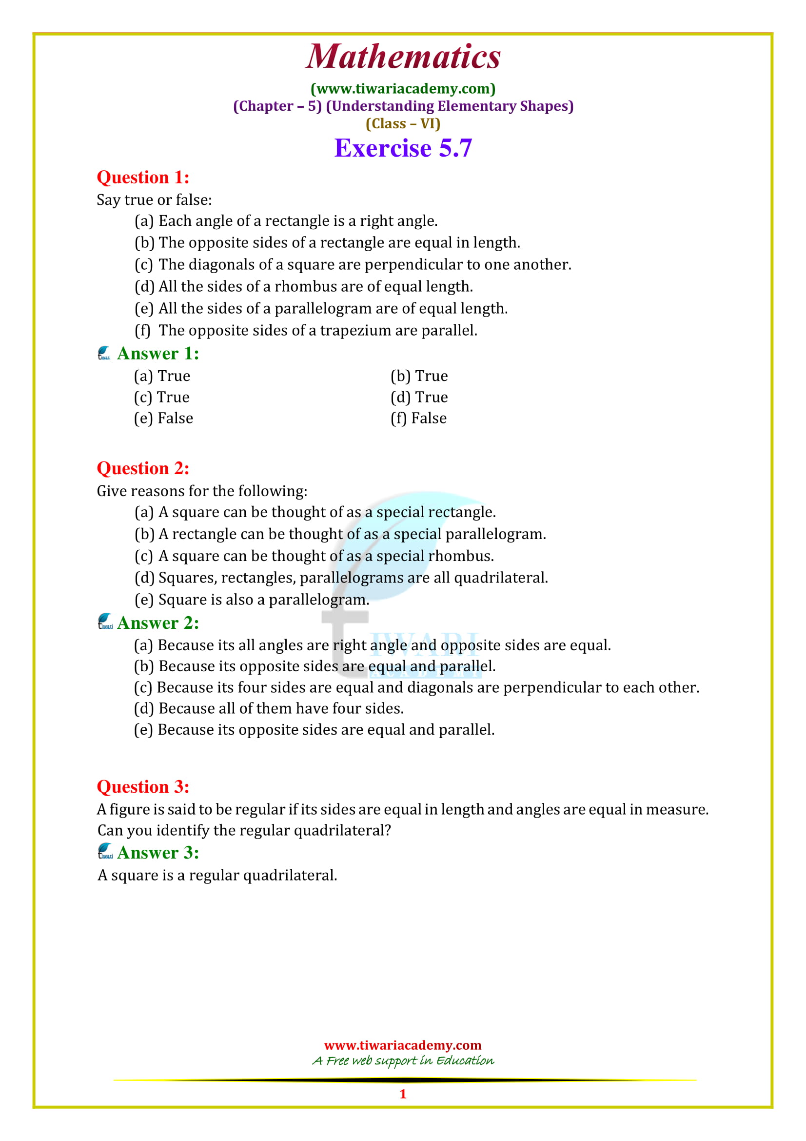 NCERT Solutions for Class 6 Maths Chapter 5 Exercise 5.7