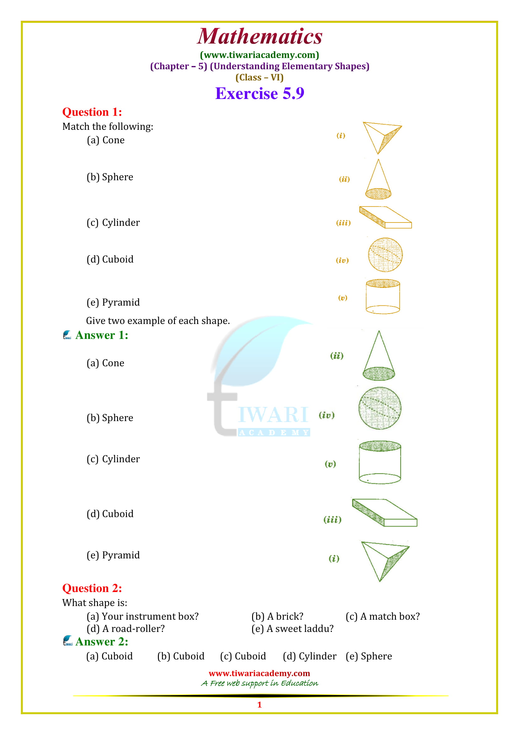 NCERT Solutions for Class 6 Maths Chapter 5 Exercise 5.9