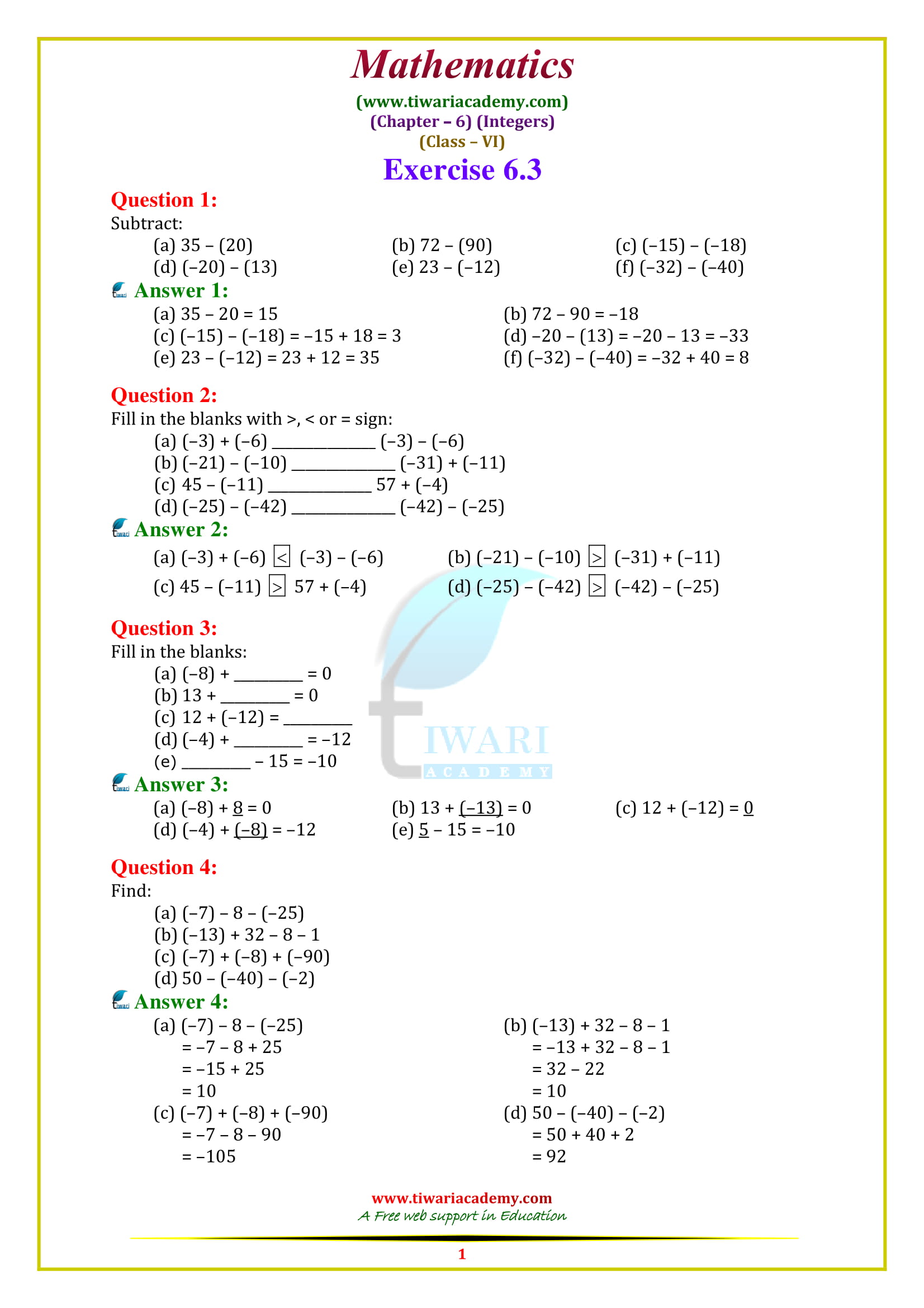NCERT Solutions for Class 6 Maths Chapter 6 Exercise 6.3 in english med. free to download in pdf
