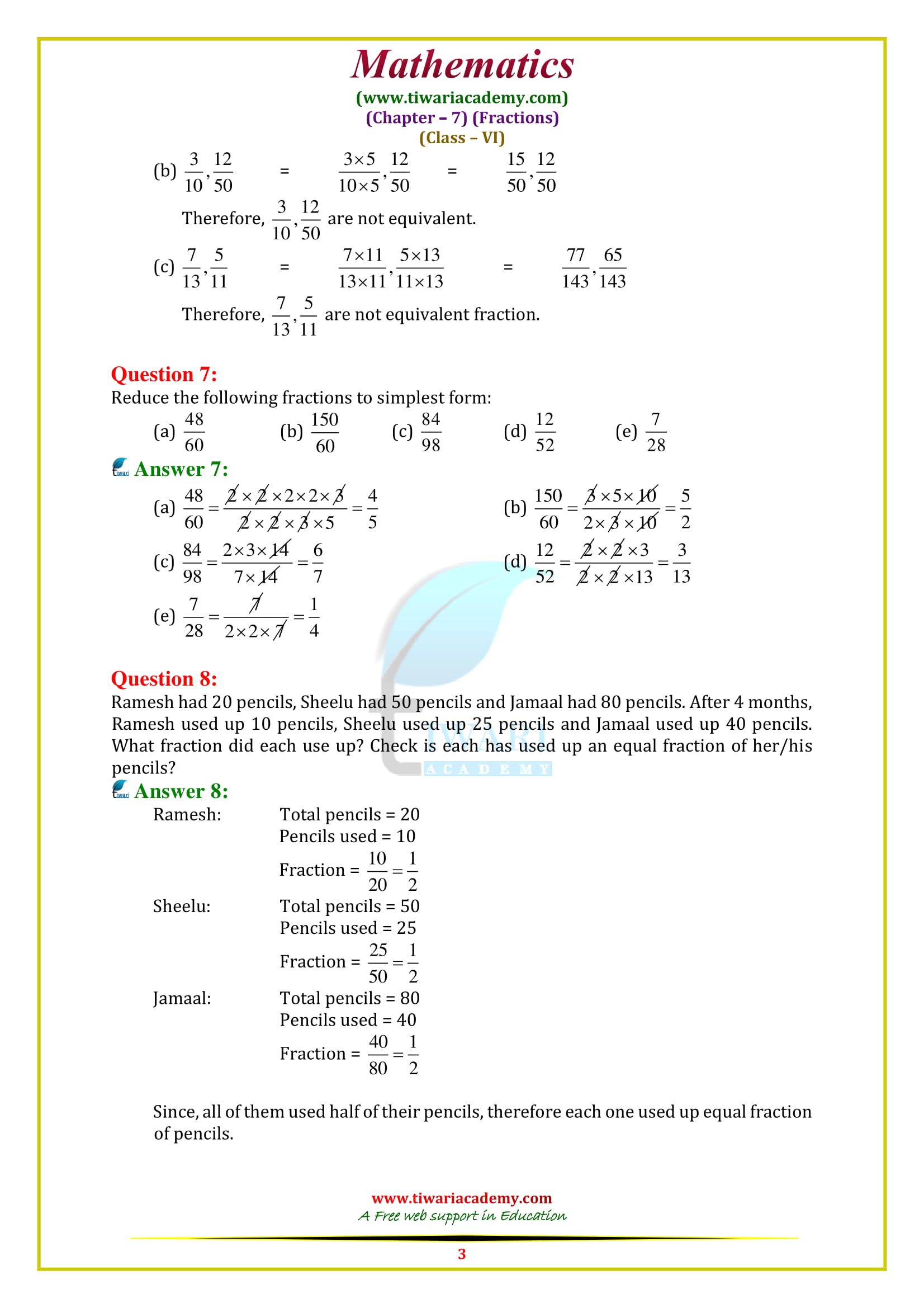 NCERT Solutions for Class 6 Maths Chapter 7 Exercise 7.3 in pdf download free