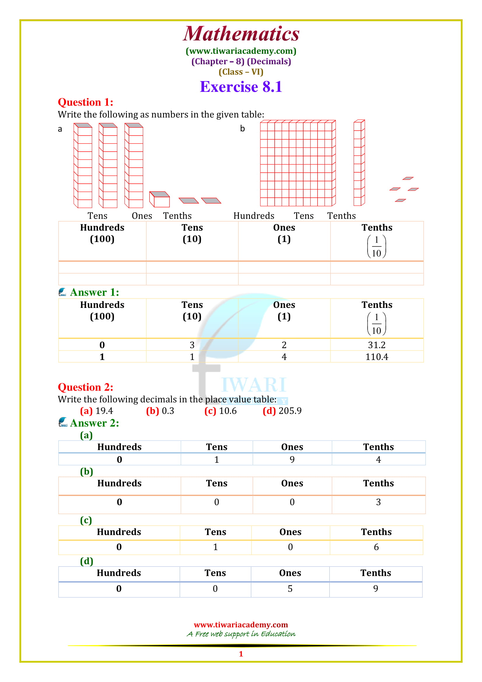 NCERT Solutions for Class 6 Maths Chapter 8
