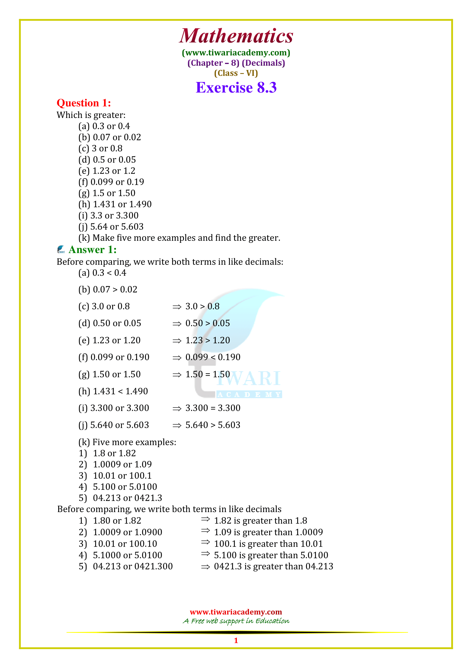 Class 6 Maths Chapter 8 Exercise 8.3