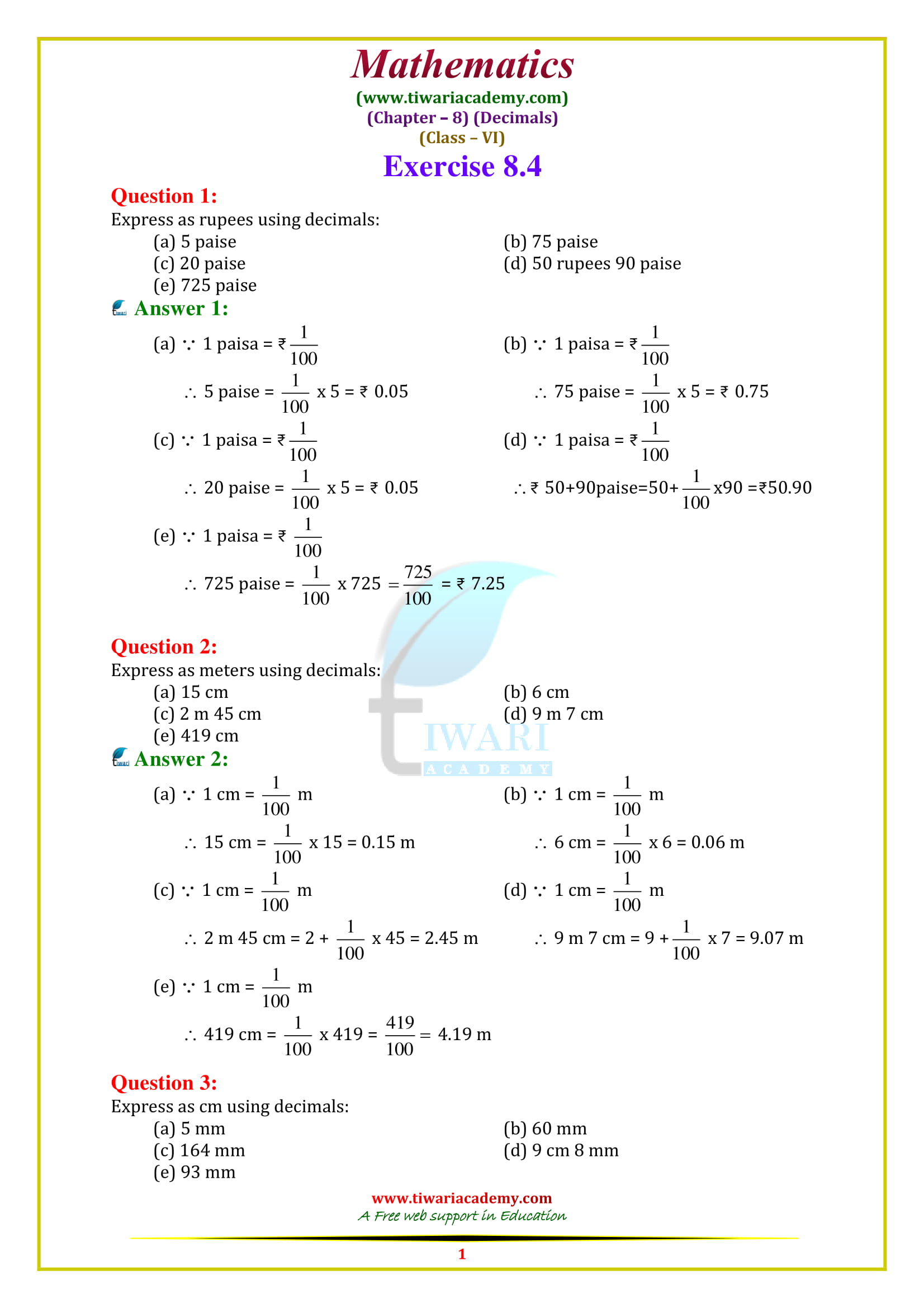 NCERT Solutions for Class 6 Maths Chapter 8 Exercise 8.4