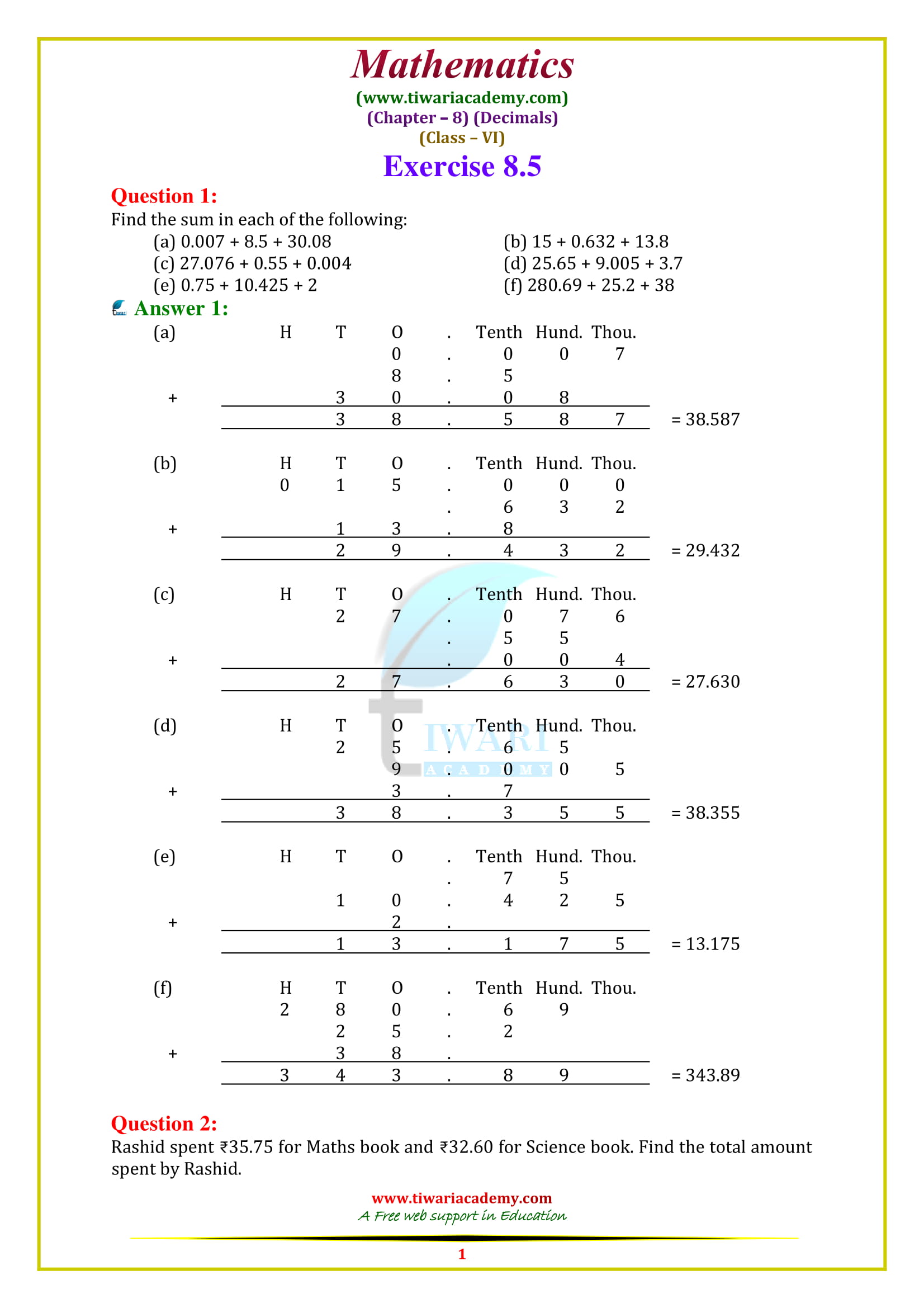 NCERT Solutions for Class 6 Maths Chapter 8 Exercise 8.5