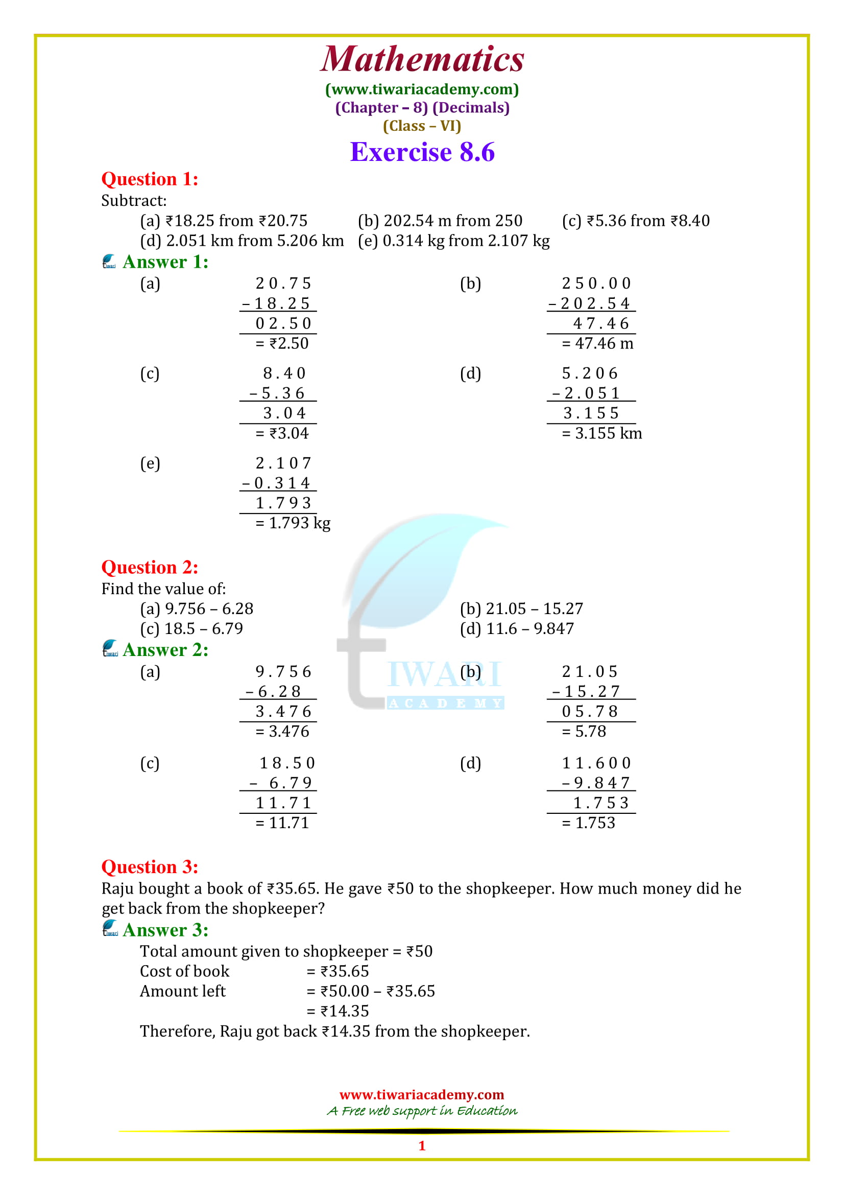 NCERT Solutions for Class 6 Maths Chapter 8 Exercise 8.6