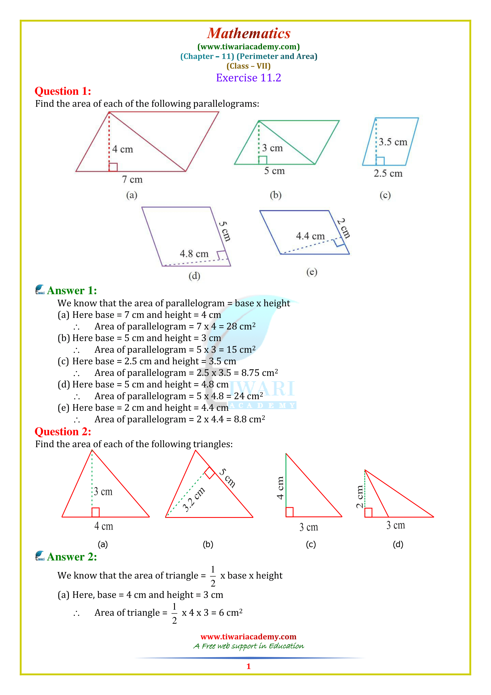 Class 7 Maths Chapter 11 Perimeter and Area Exercise 11.2 solutions