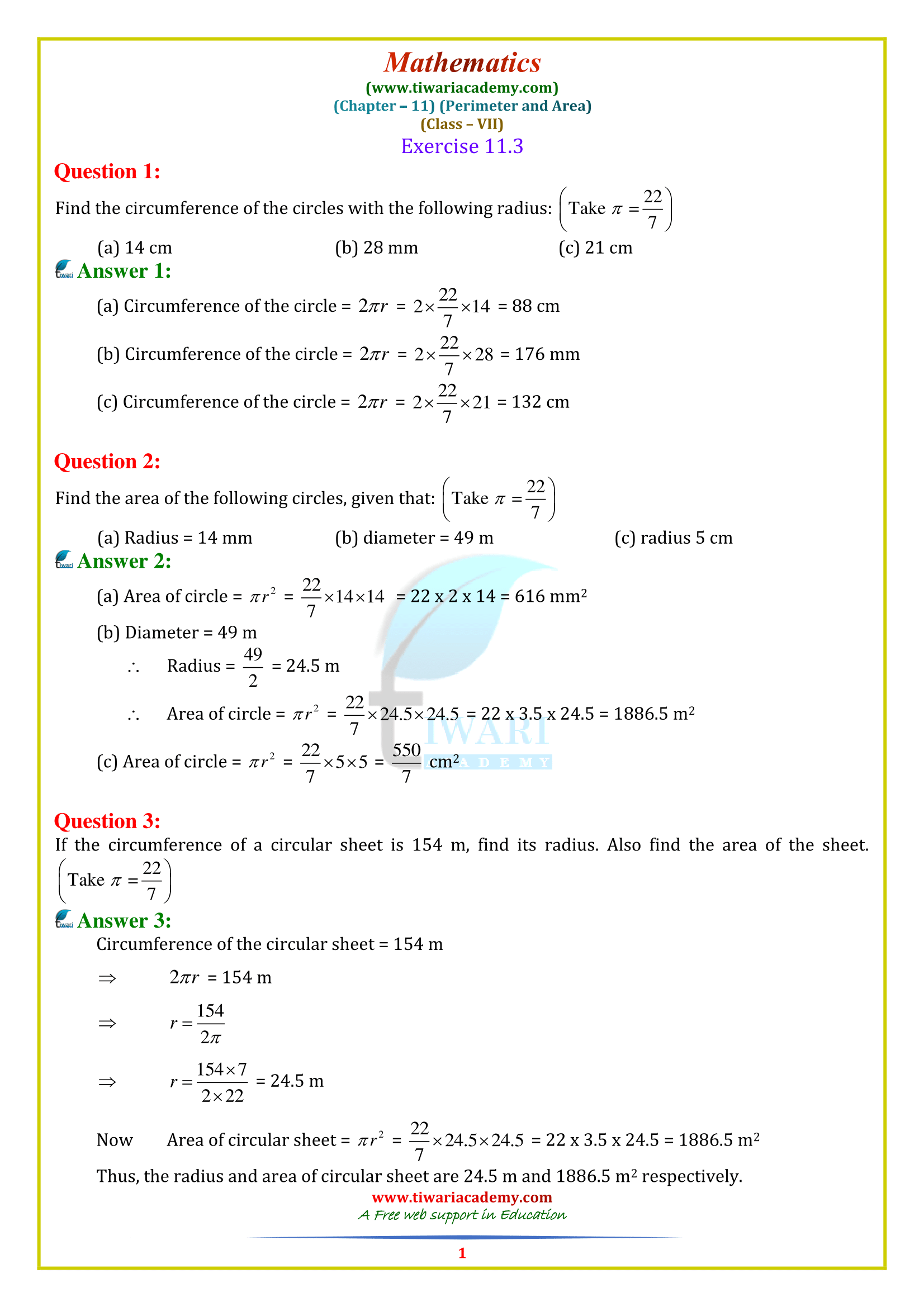 7 Maths Chapter 11 Exercise 11.3 solutions