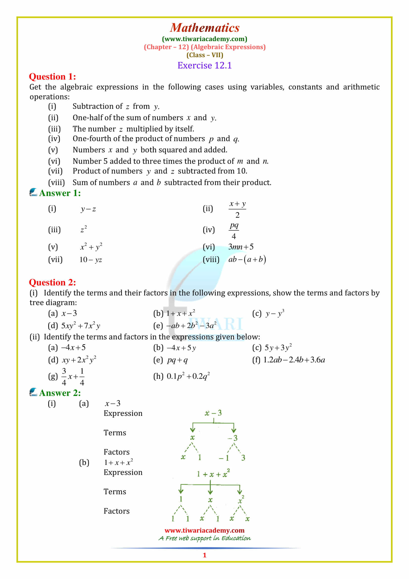 NCERT Solutions for Class 7 Maths Chapter 12 Algebraic Expressions Exercise 12.1