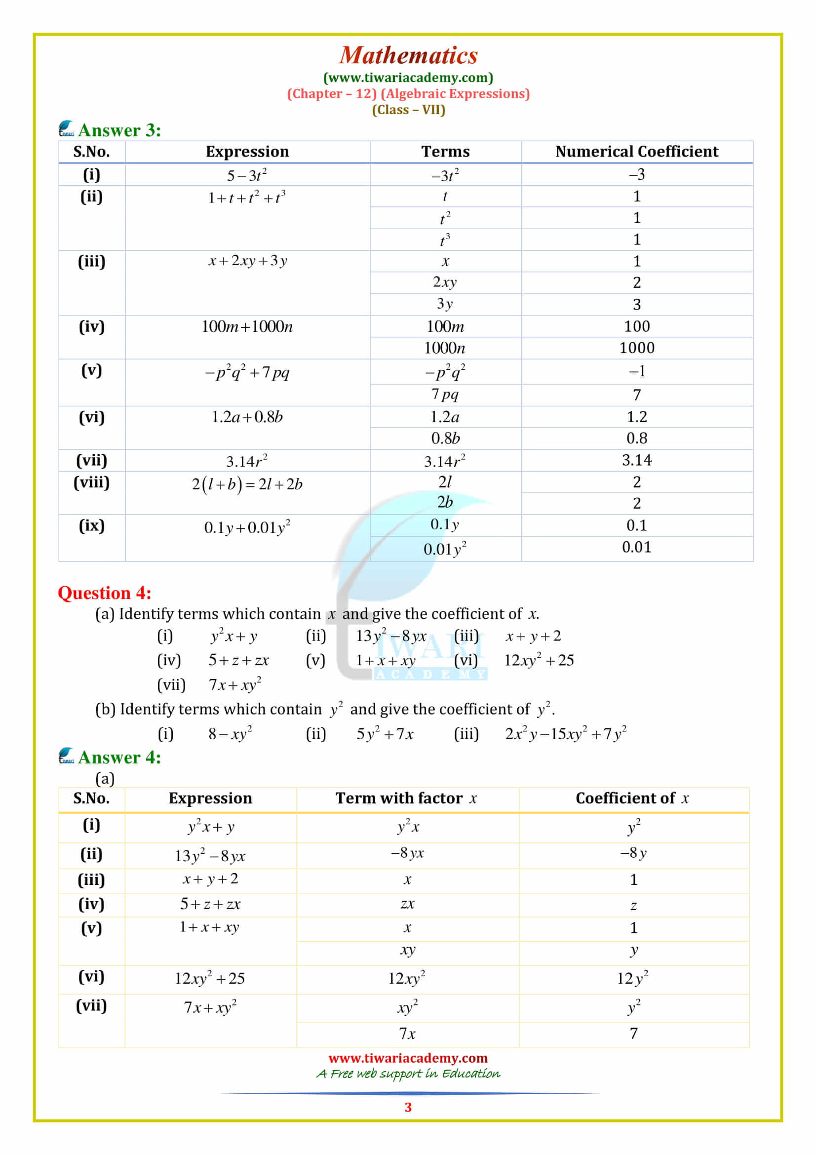 NCERT Solutions for Class 7 Maths Chapter 12 Algebraic Expressions Exercise 12.1 in english medium