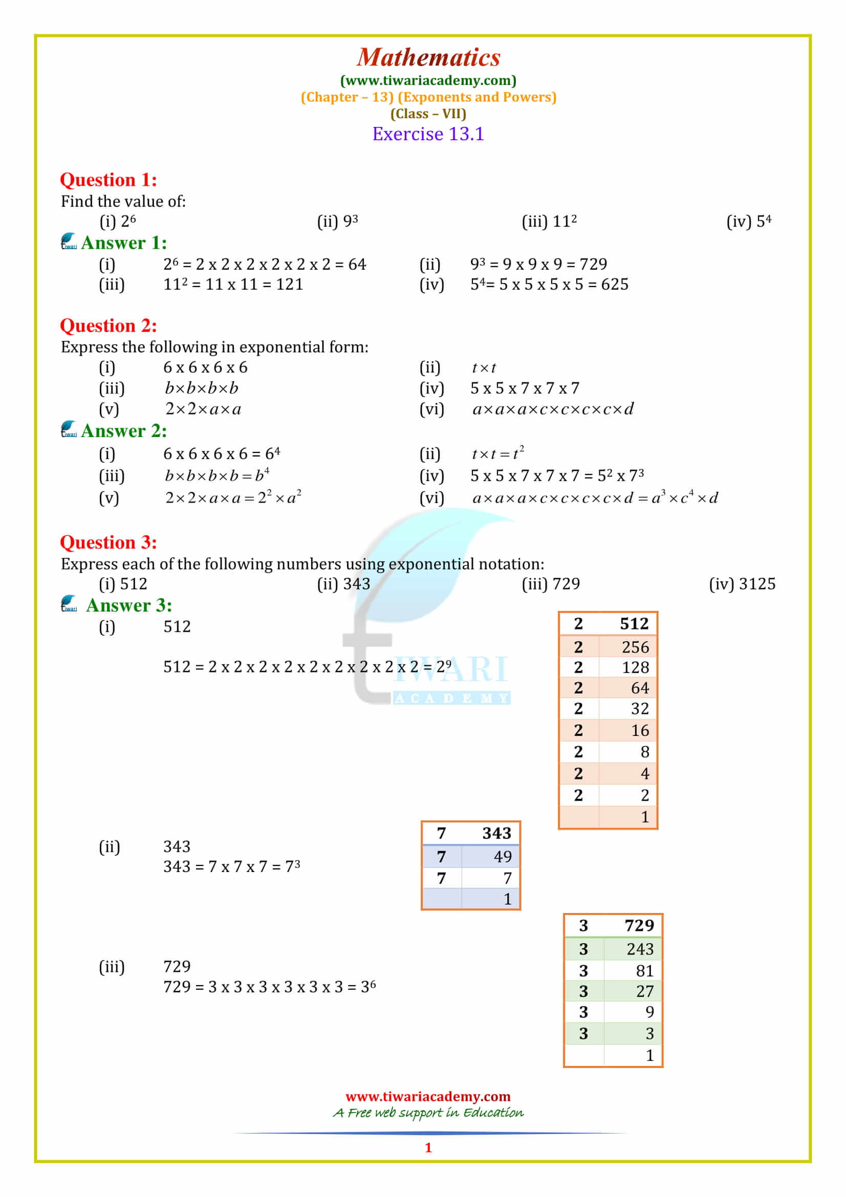 NCERT Solutions for Class 7 Maths Chapter 13 Exponents and Powers Exercise 13.1
