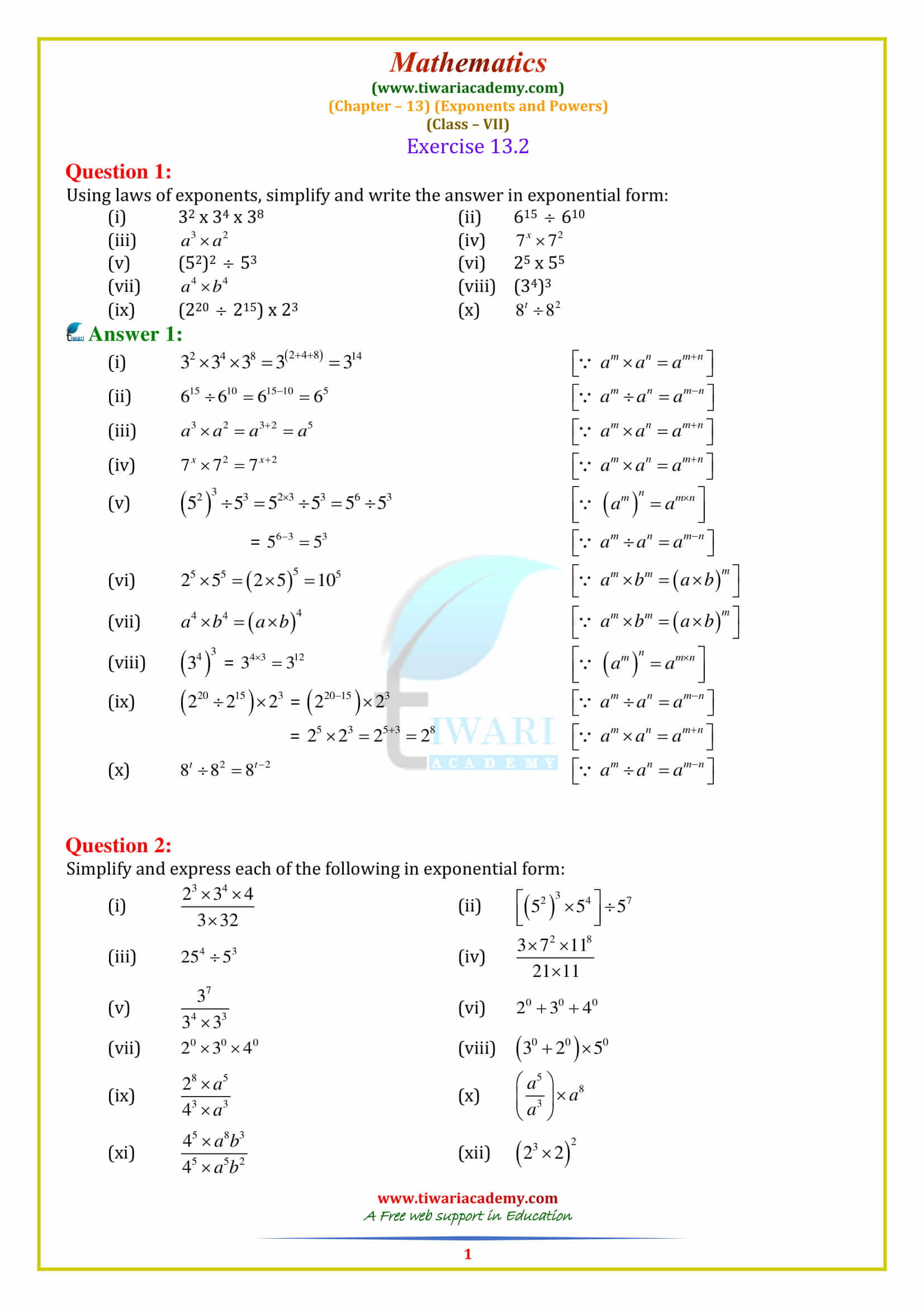Class 7 Maths Chapter 13 Exponents and Powers Exercise 13.2 solutions in English