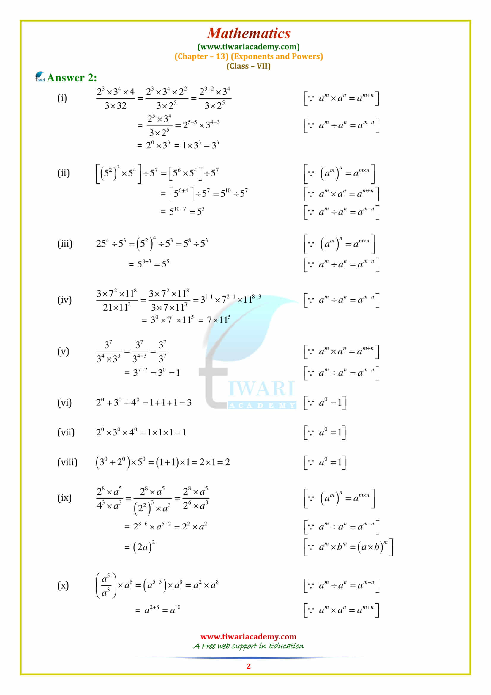 Class 7 Maths Chapter 13 Exponents and Powers Exercise 13.2 solutions in English medium pdf free