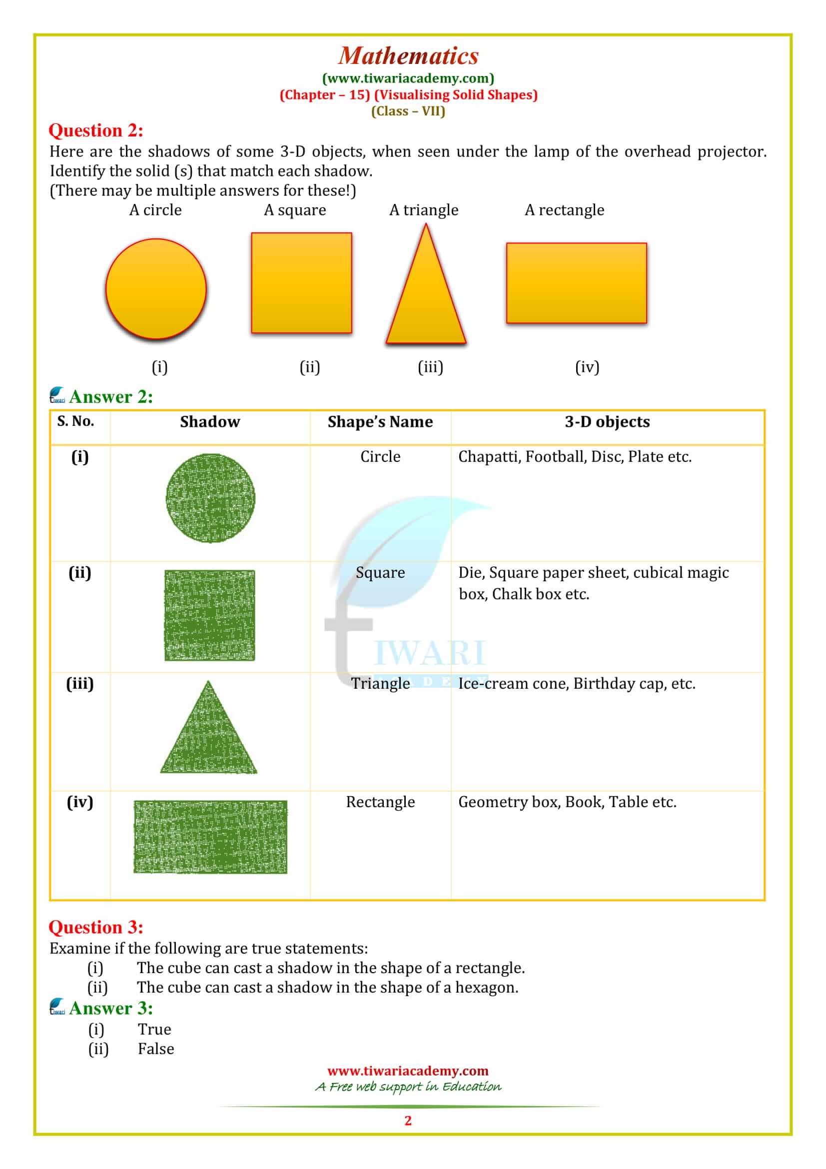 7 Maths Chapter 15 VISUALISING SOLID SHAPES Exercise 15.4 in pdf english medium