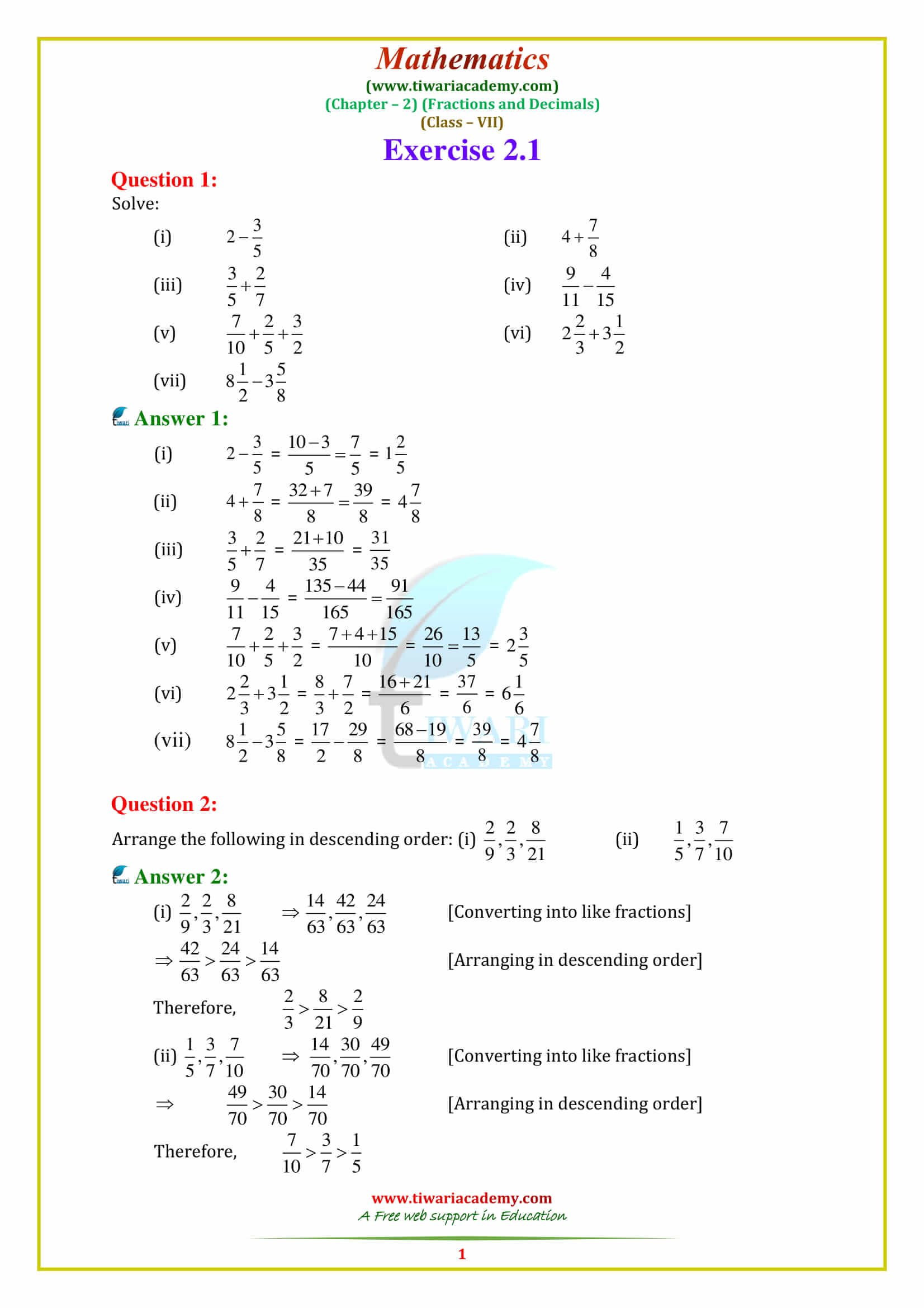 class 7 maths chapter 2 assignment