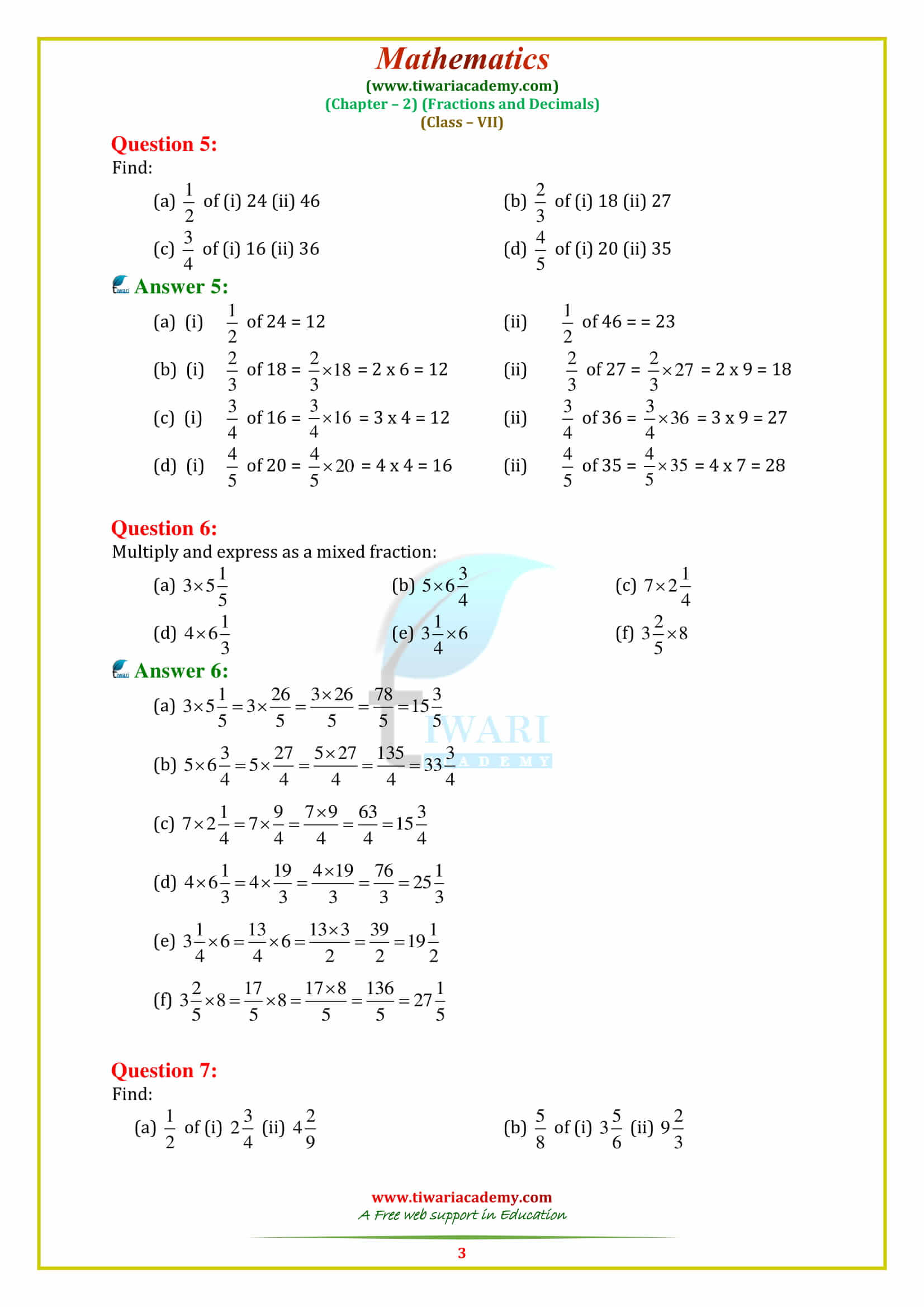 NCERT Solutions for Class 7 Maths Chapter 2 Fractions and Decimals