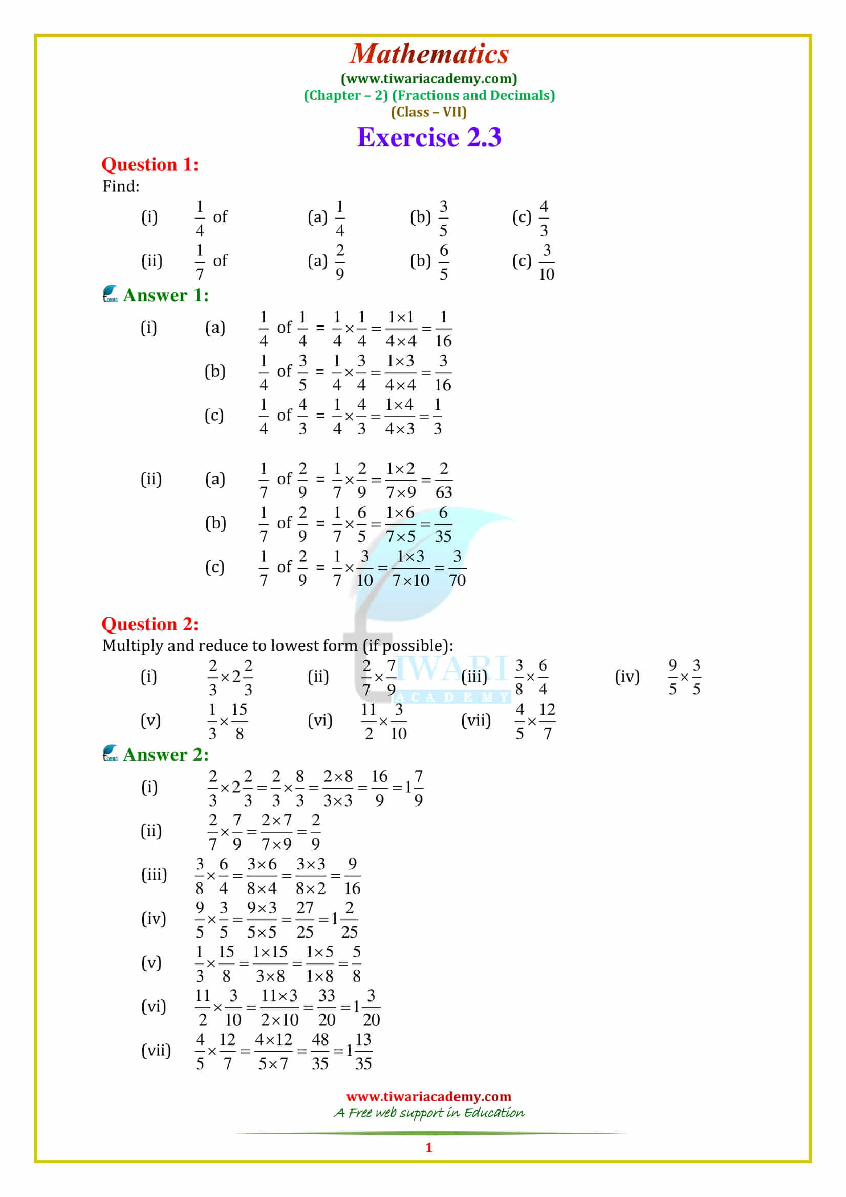 NCERT Solutions for Class 7 Maths Chapter 2 Fractions and Decimals