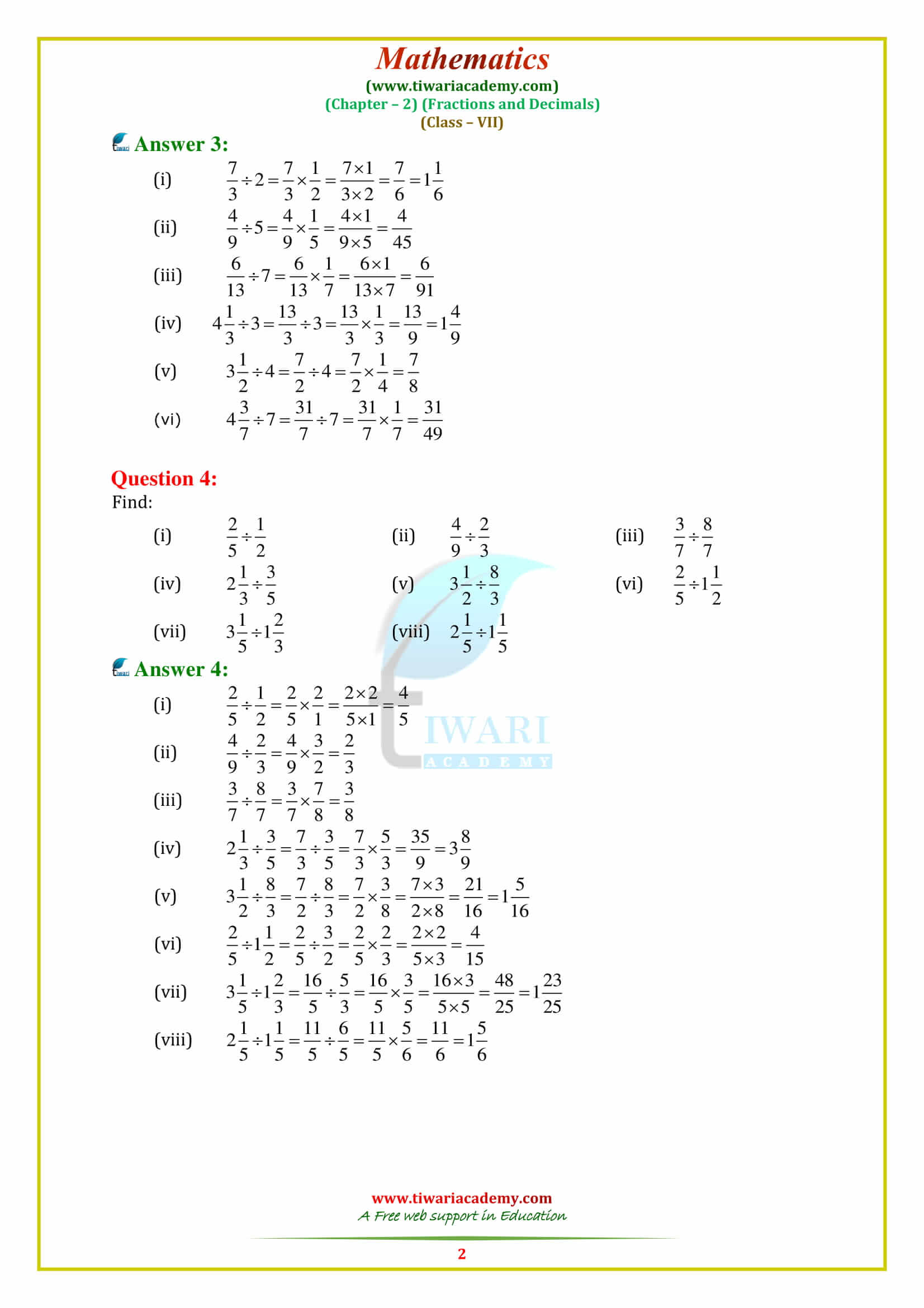 NCERT Solutions for Class 7 Maths Chapter 2 Fractions and Decimals