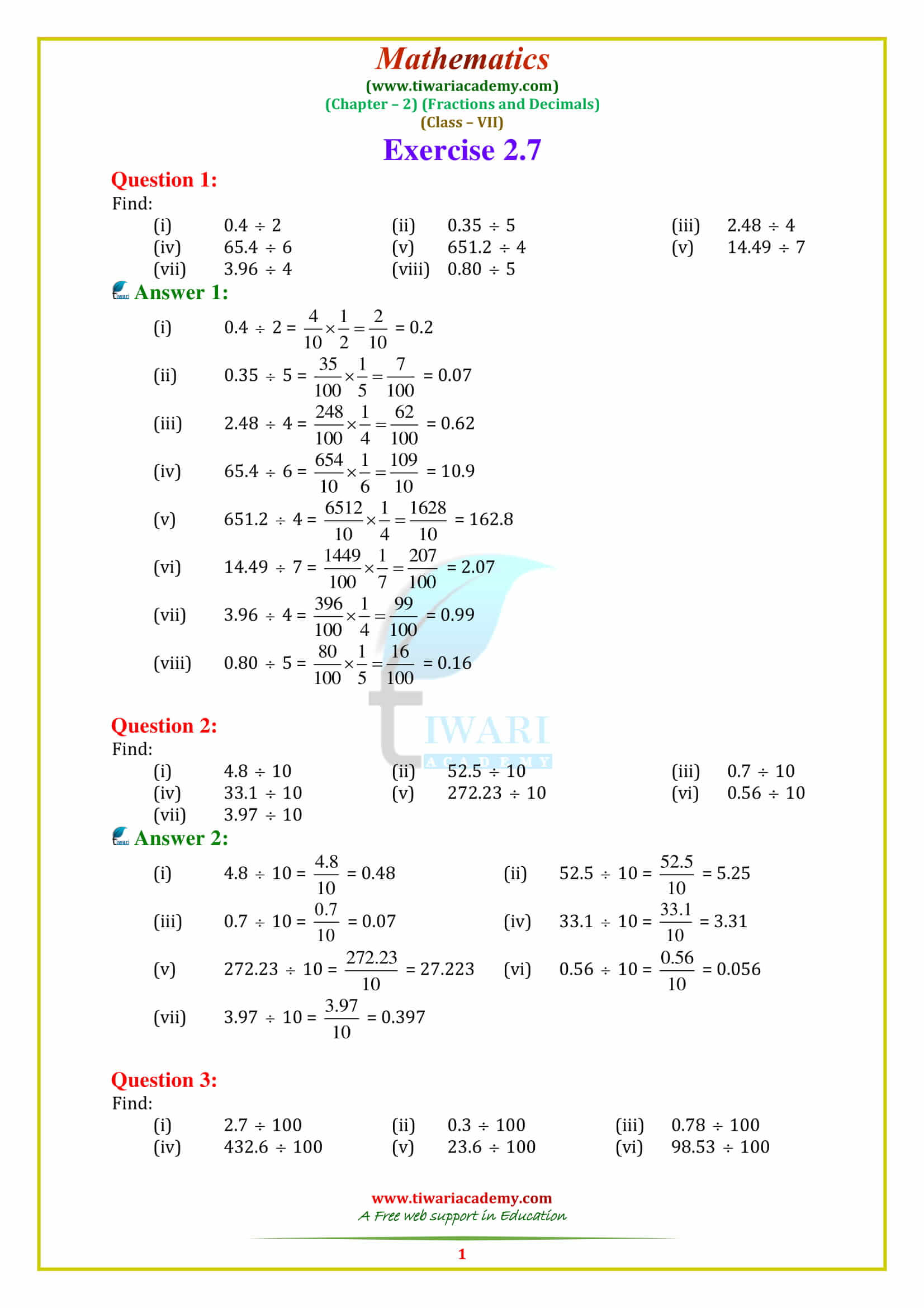 NCERT Solutions for Class 7 Maths Chapter 2 Fractions and Decimals
