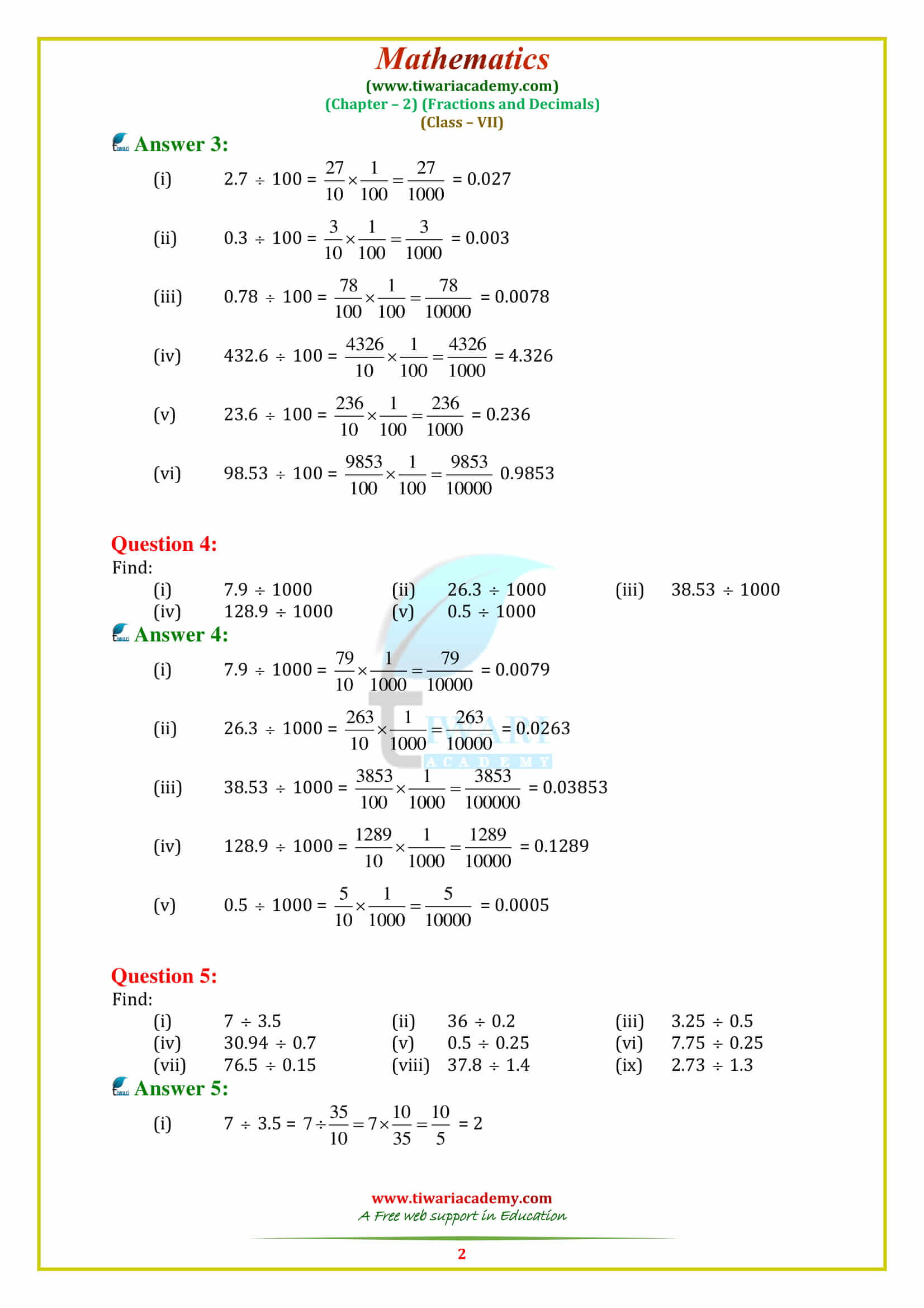 NCERT Solutions for Class 7 Maths Chapter 2 Fractions and Decimals