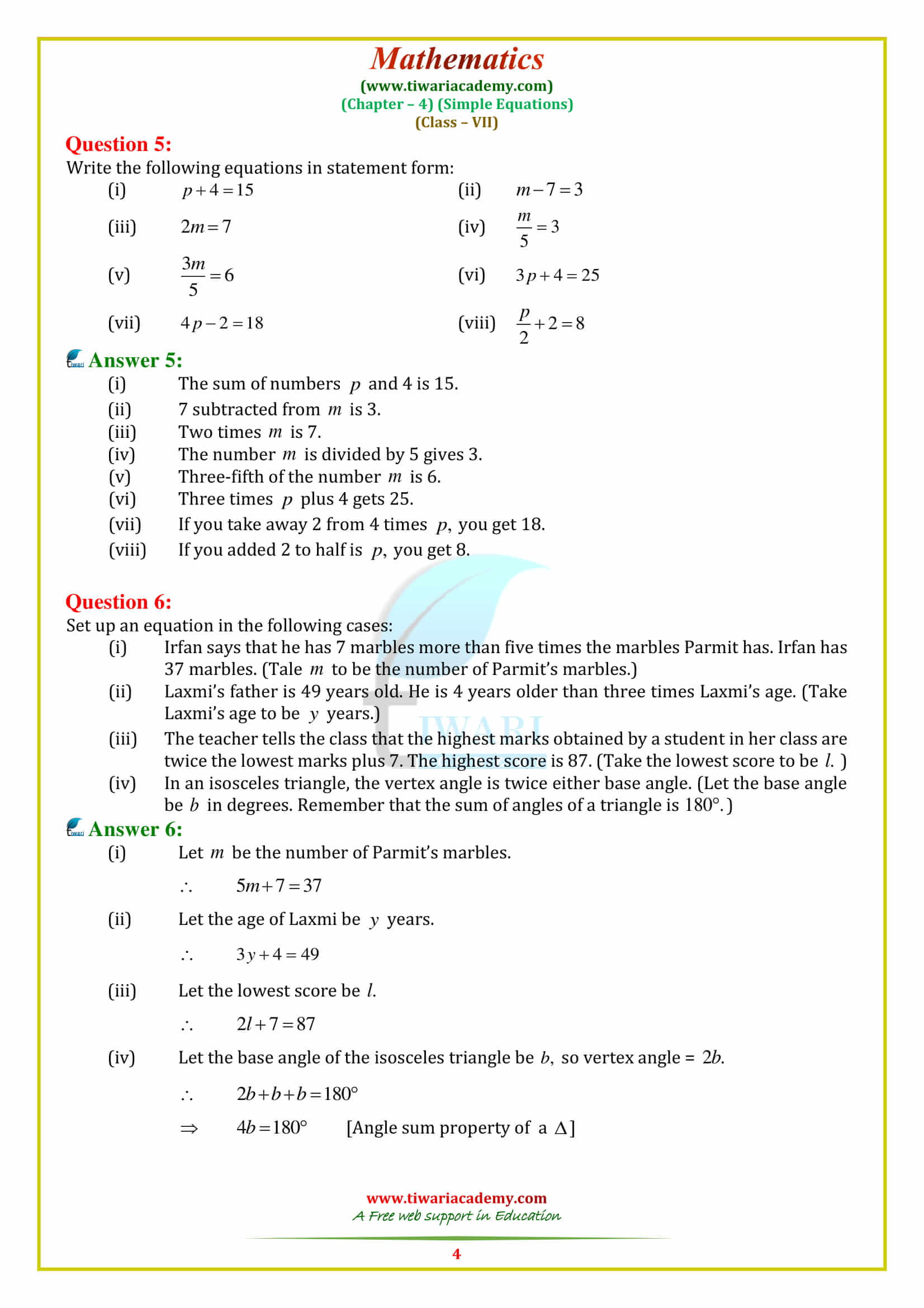 NCERT Solutions for Class 7 Maths Chapter 4 Exercise 4.1 in pdf english medium