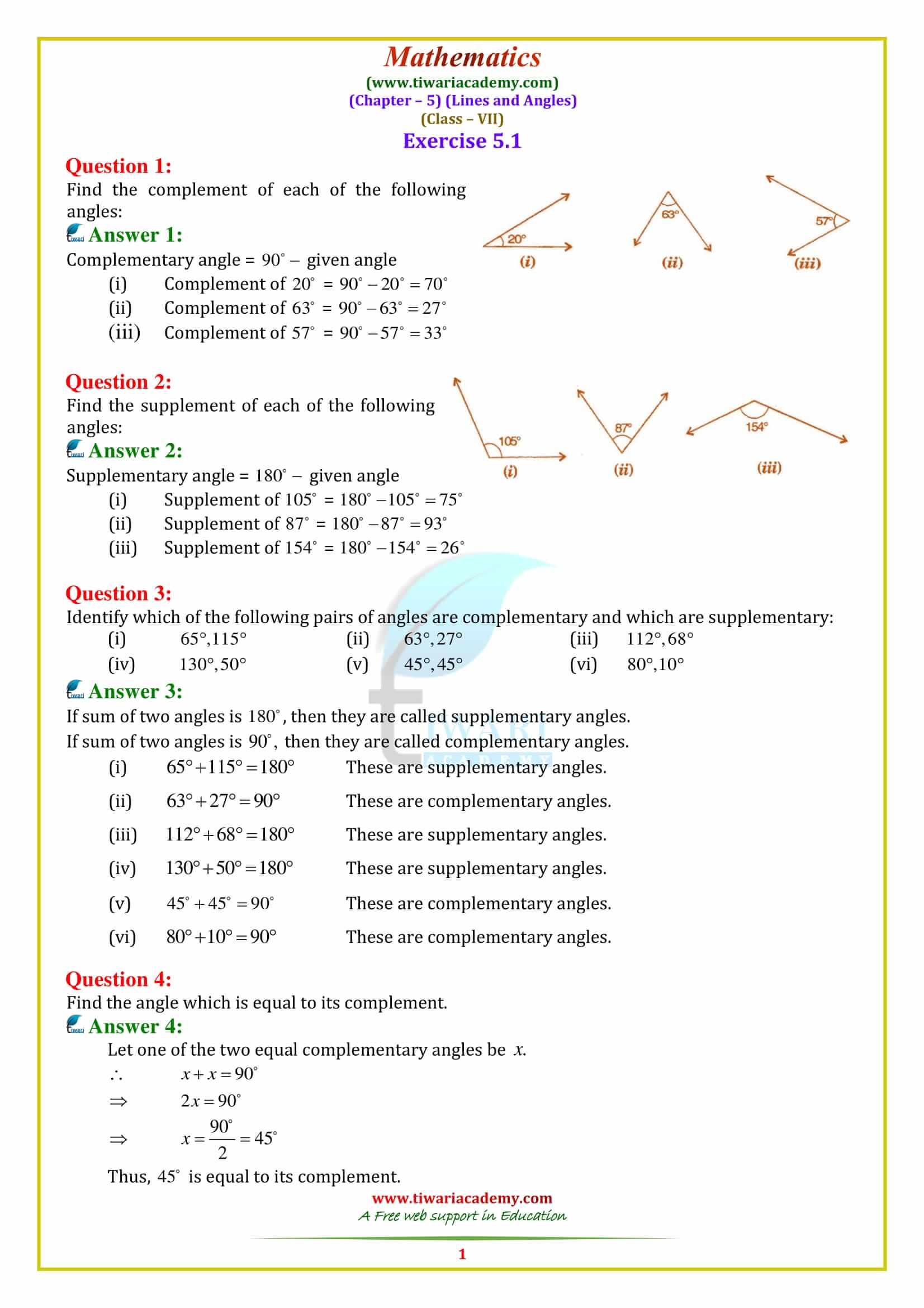 NCERT Solutions for Class 7 Maths Chapter 5 Lines and Angles Exercise 5.1 in English