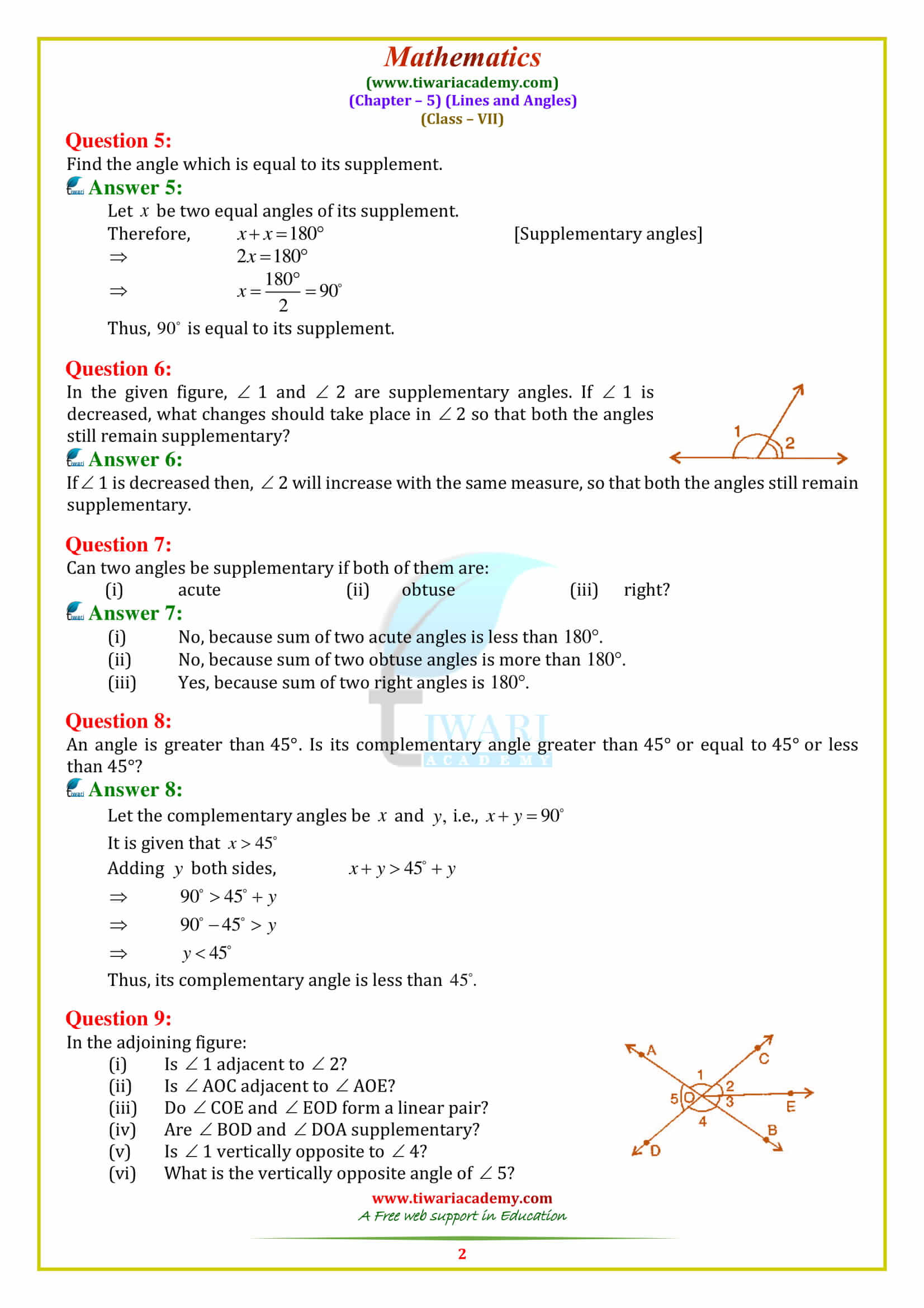 NCERT Solutions for Class 7 Maths Chapter 5 Lines and Angles Exercise 5.1 in English in pdf form