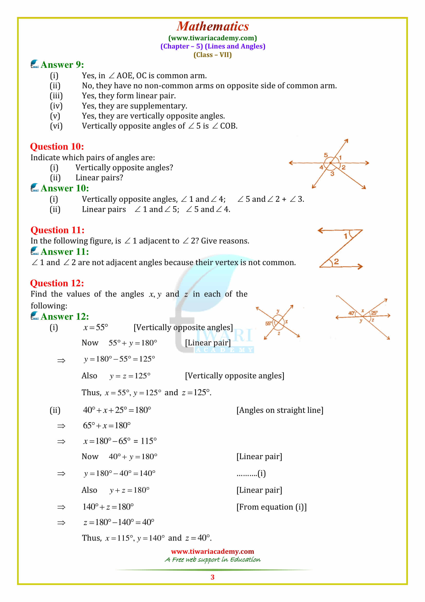 NCERT Solutions for Class 7 Maths Chapter 5 Lines and Angles Exercise 5.1 in English free download