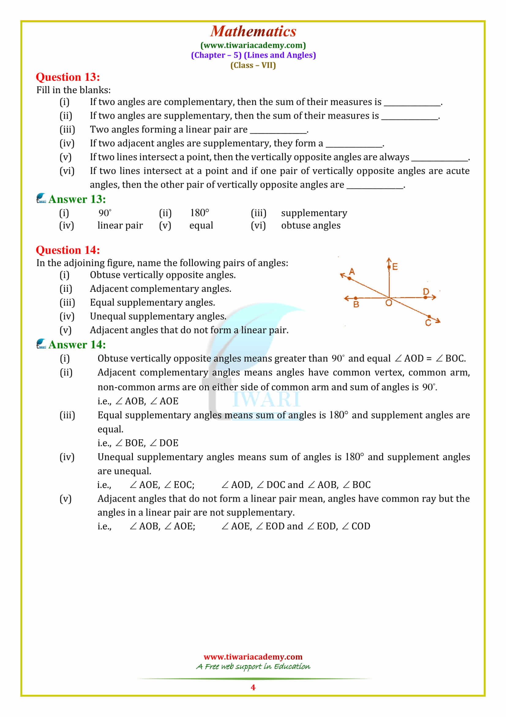 NCERT Solutions for Class 7 Maths Chapter 5 Lines and Angles Exercise 5.1 in English all answers guide