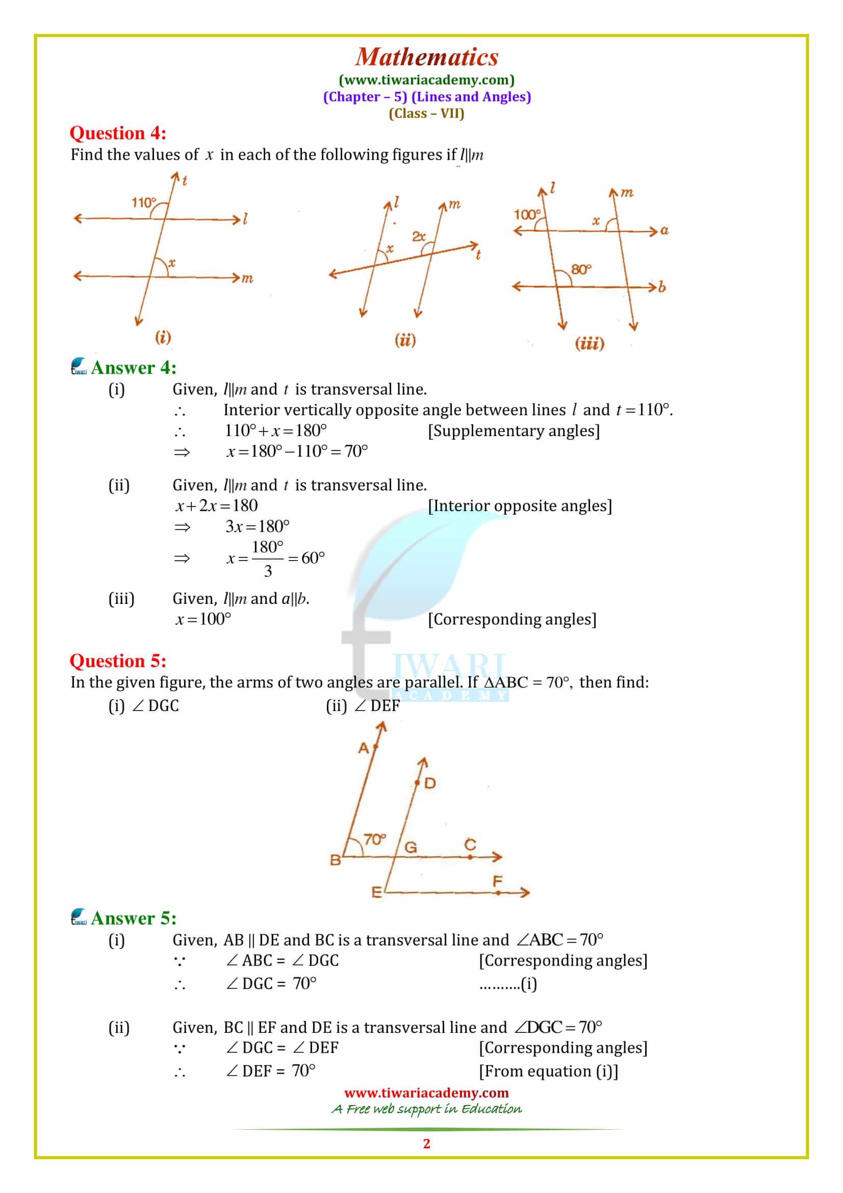 7 Maths Chapter 5 Lines and Angles Exercise 5.2 download in pdf free