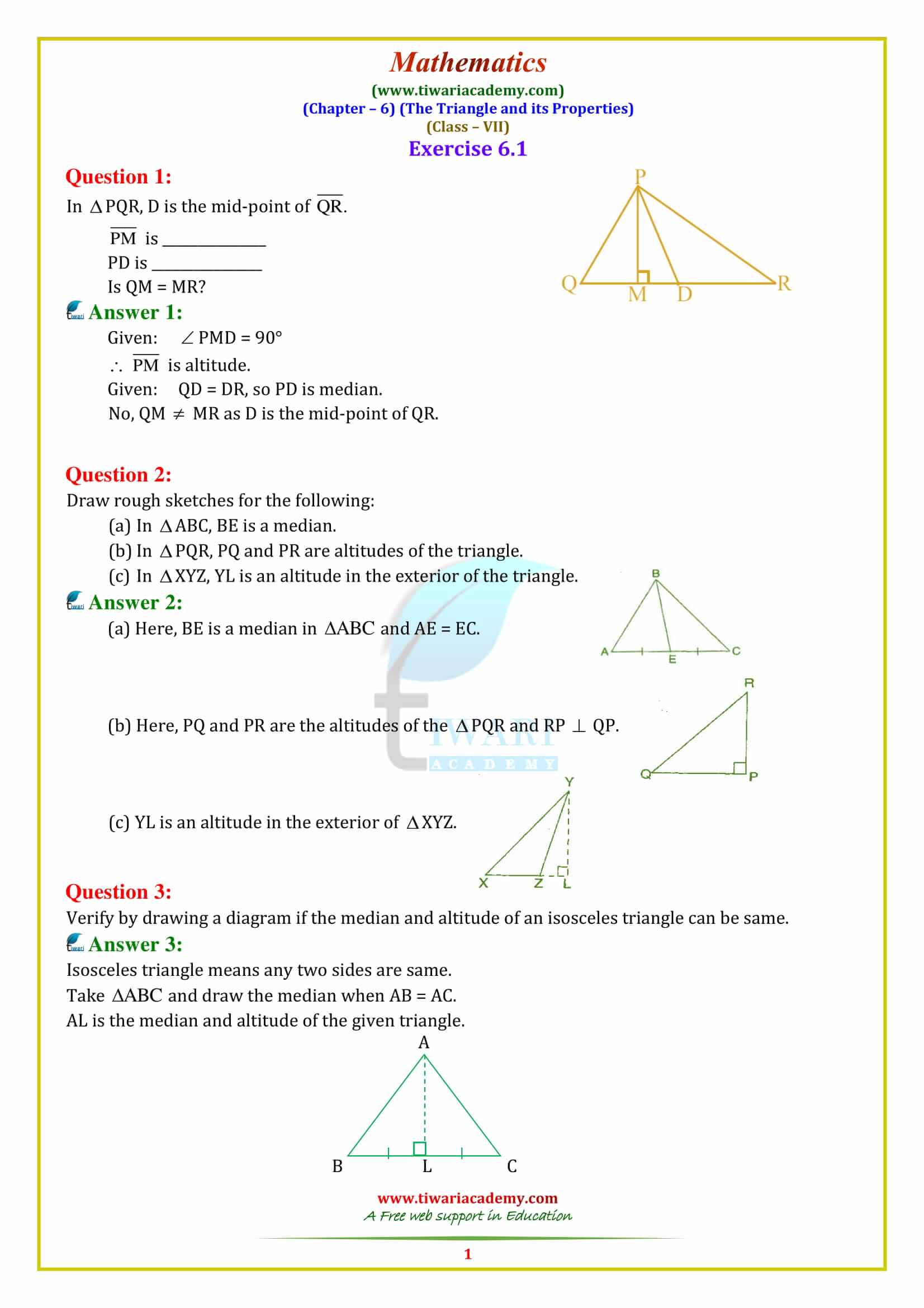 NCERT Solutions for Class 7 Maths Chapter 6 Triangle and its Properties Exercise 6.1