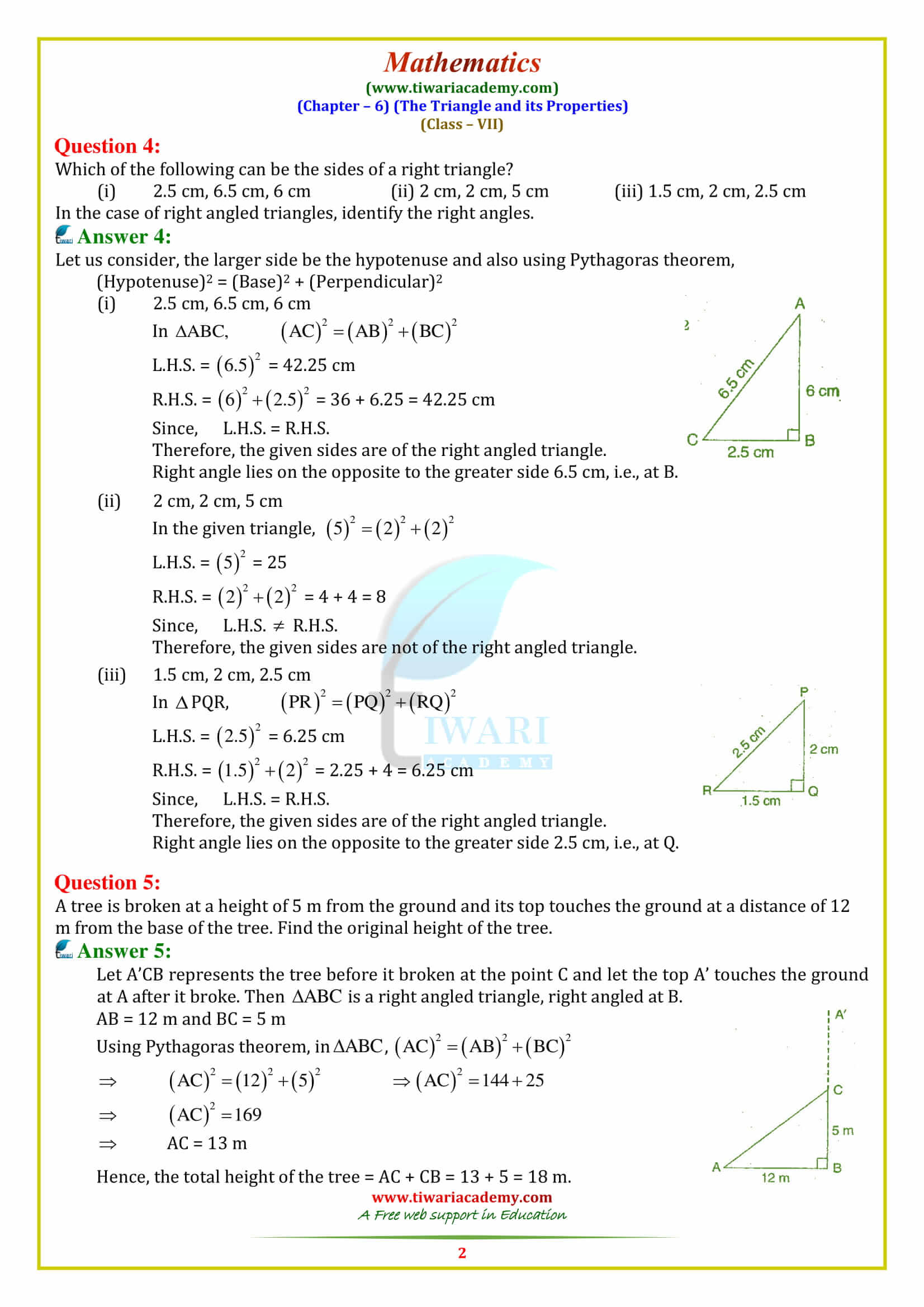 7 Maths Triangle and its Properties Exercise 6.5 sols in pdf form free downlaod