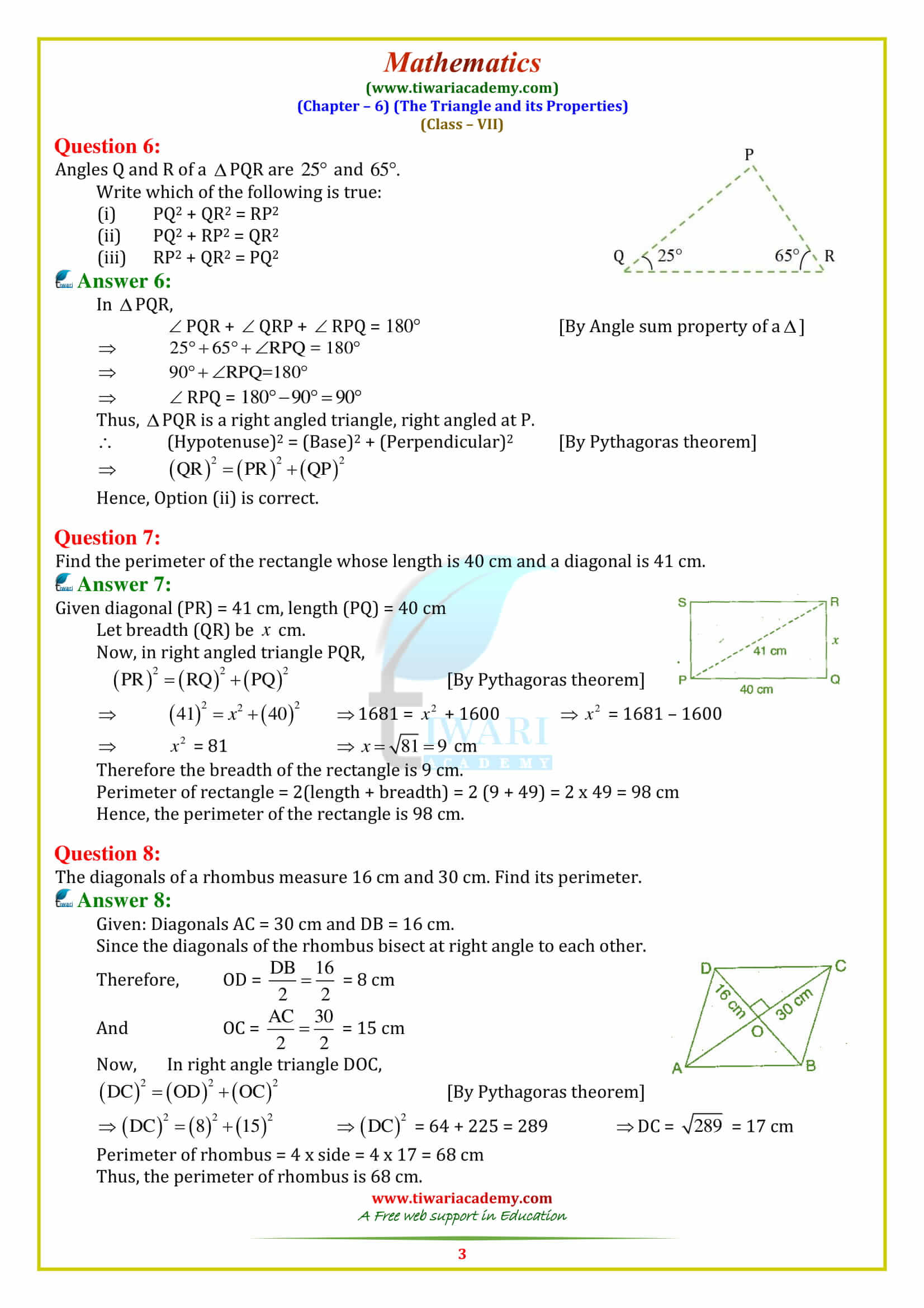 7 Maths Triangle and its Properties Exercise 6.5 all question answers guide