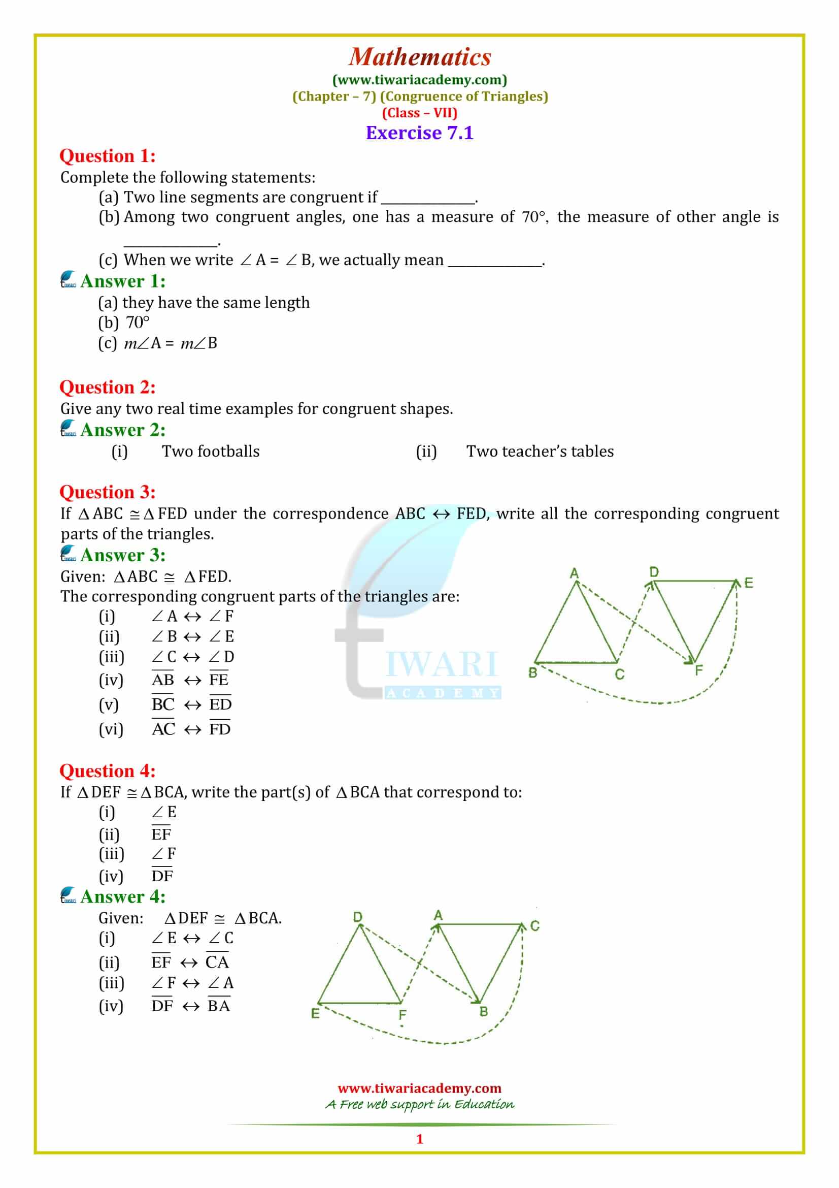 NCERT Solutions for Class 7 Maths Chapter 7 Congruence of Triangles Exercise 7.1 in English