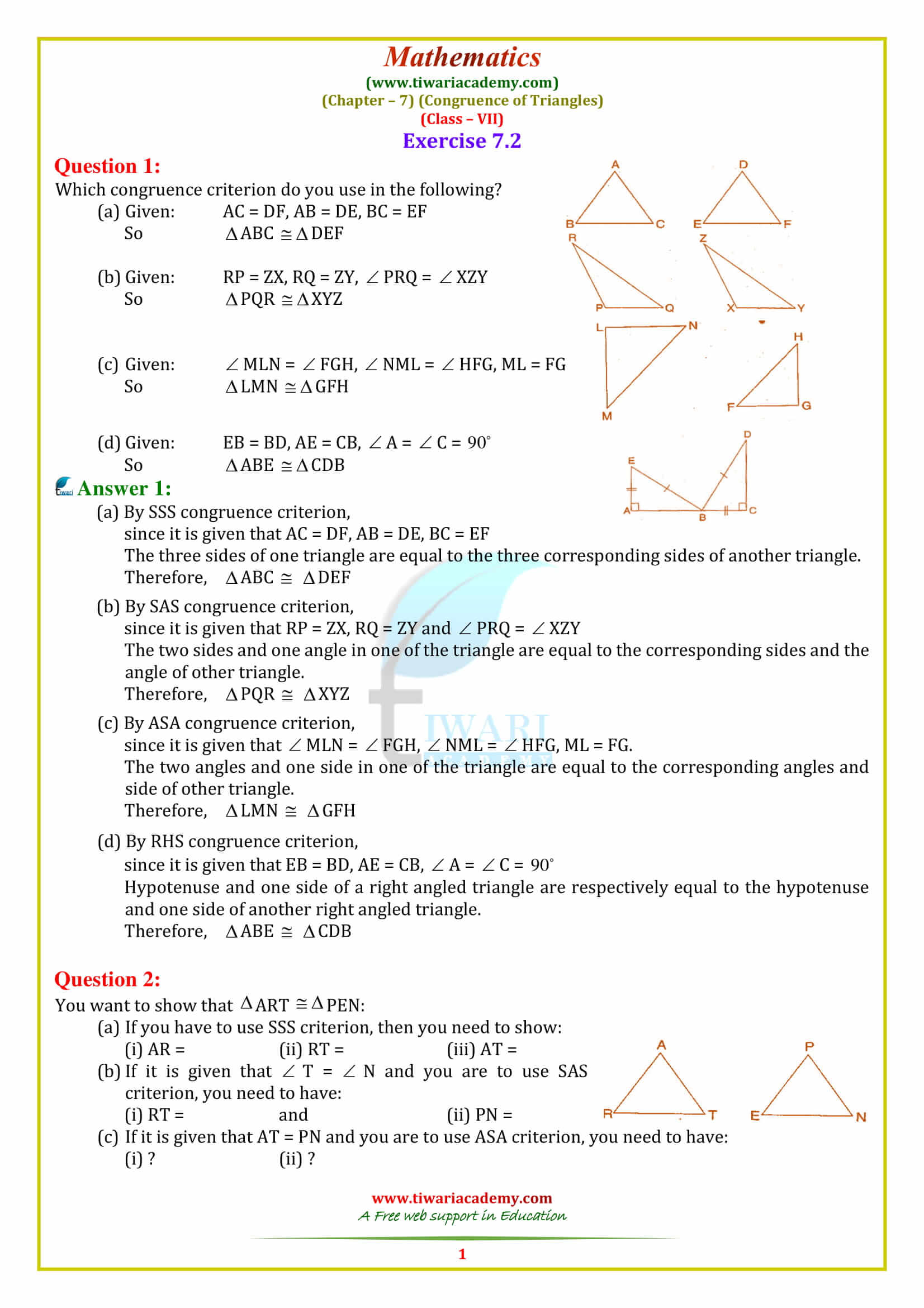 NCERT Solutions for Class 7 Maths Chapter 7 Congruence of Triangles Exercise 7.2 in English