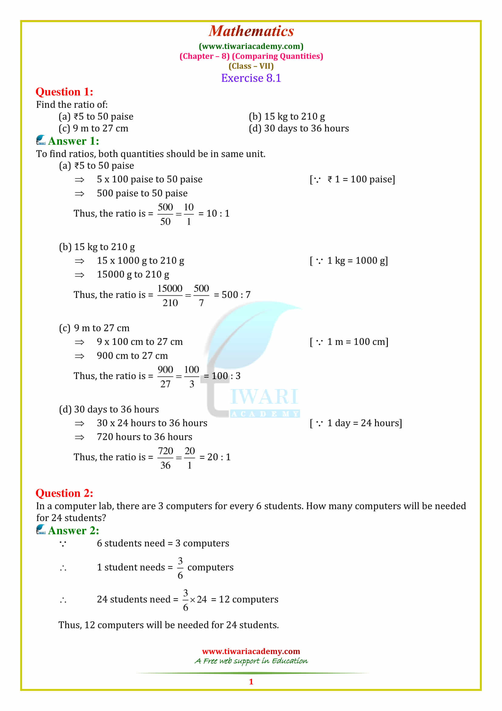 NCERT Solutions for Class 7 Maths Chapter 8 Comparing Quantities Exercise 8.1