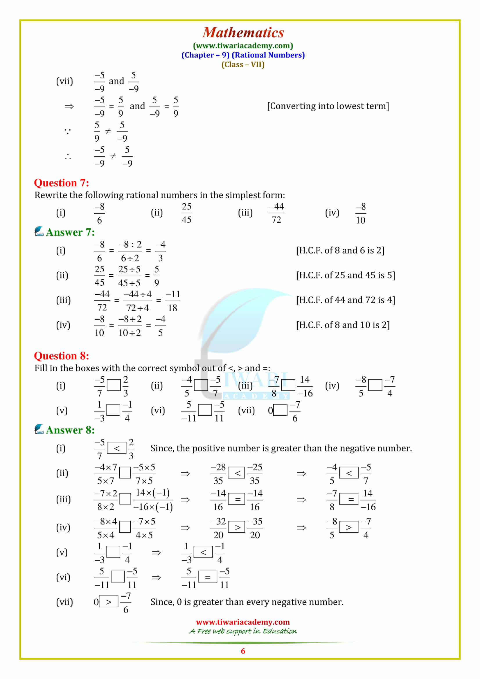 NCERT Solutions for Class 7 Maths Chapter 9 Rational Numbers Ex 9.1