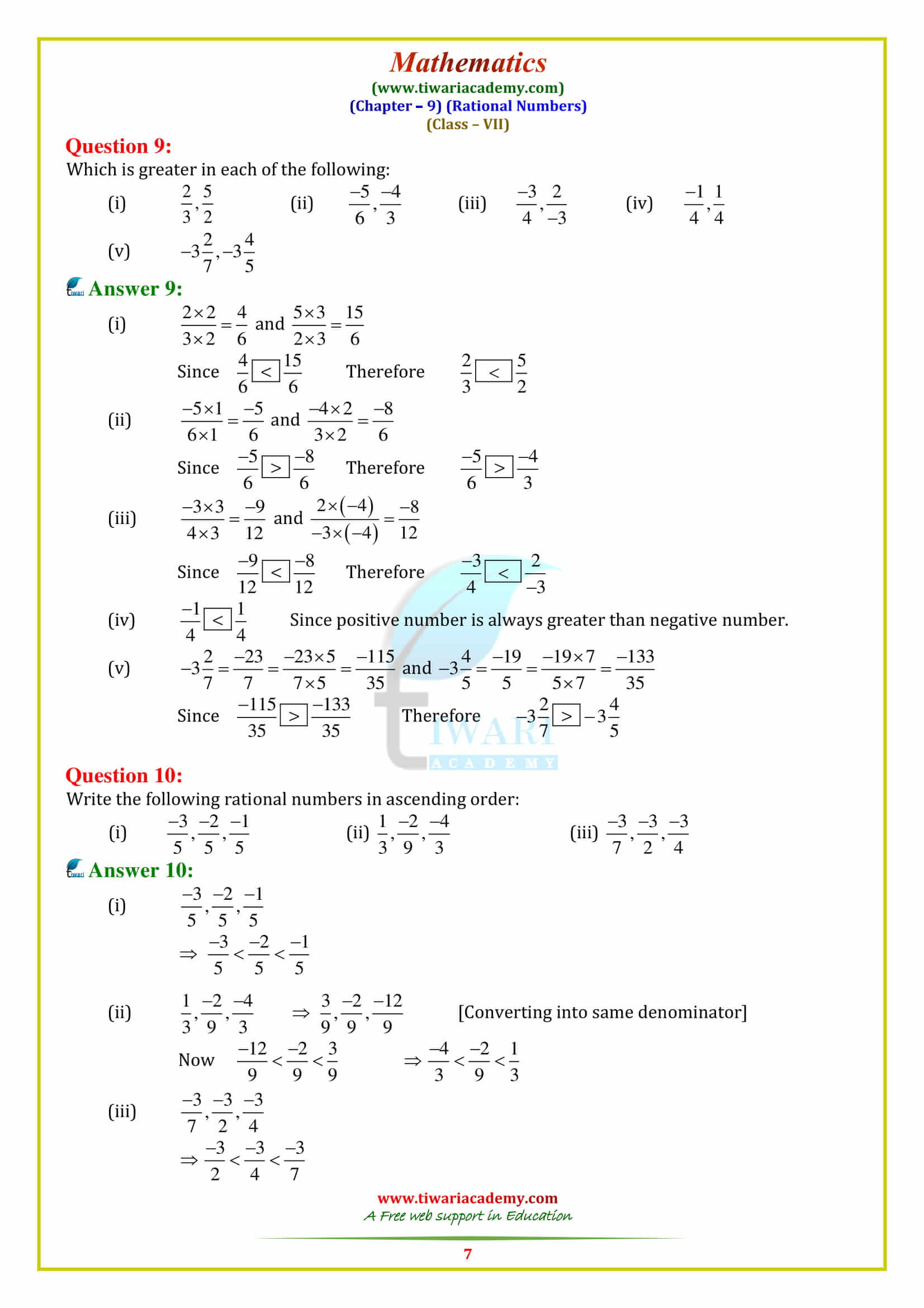 CBSE Solutions for Class 7 Maths Chapter 9 Rational Numbers Exercise 9.1