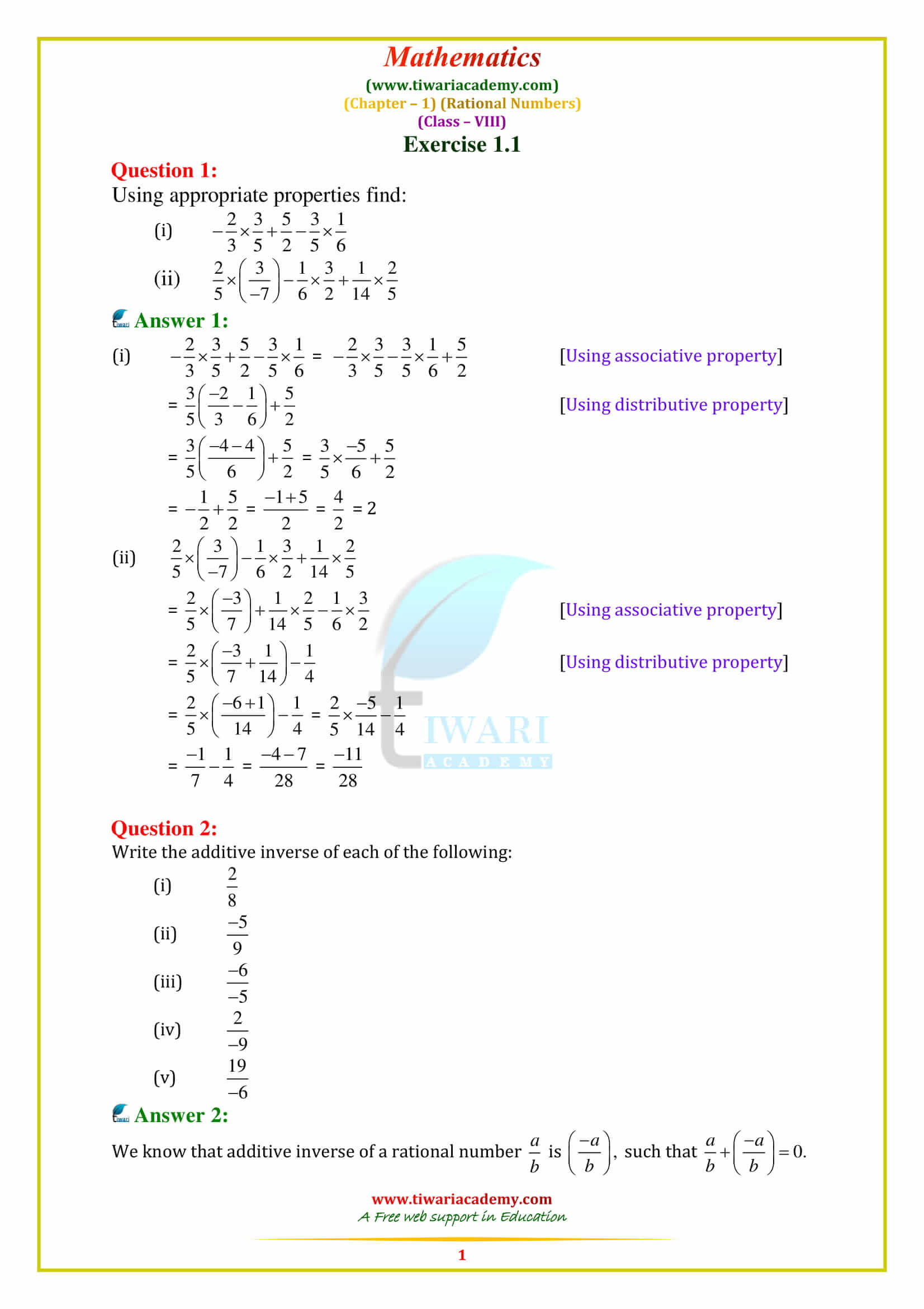 NCERT Solutions for Class 8 Maths Chapter 1 Rational Numbers