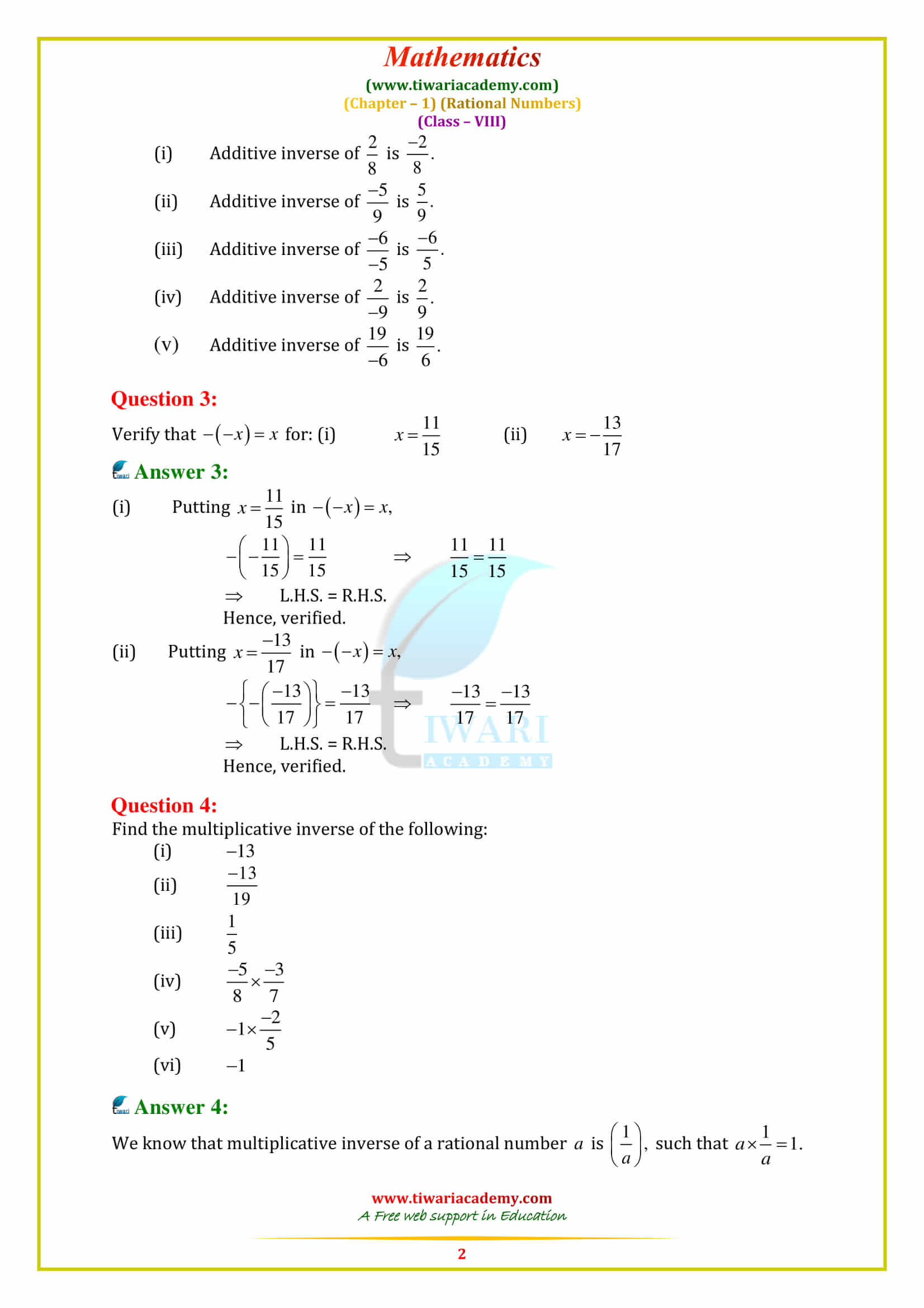 NCERT Solutions for Class 8 Maths Chapter 1 Rational Numbers in pdf form