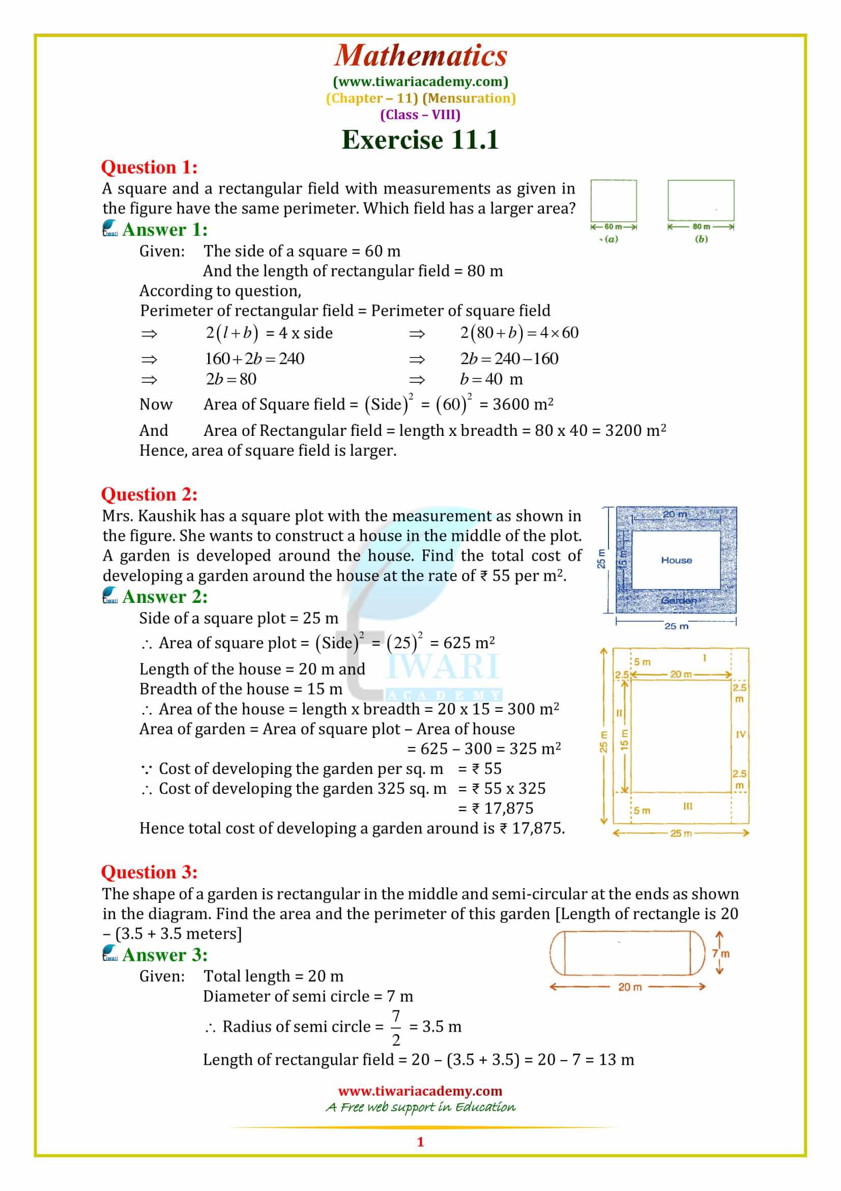 NCERT Solutions for Class 8 Maths Chapter 11 Mensuration