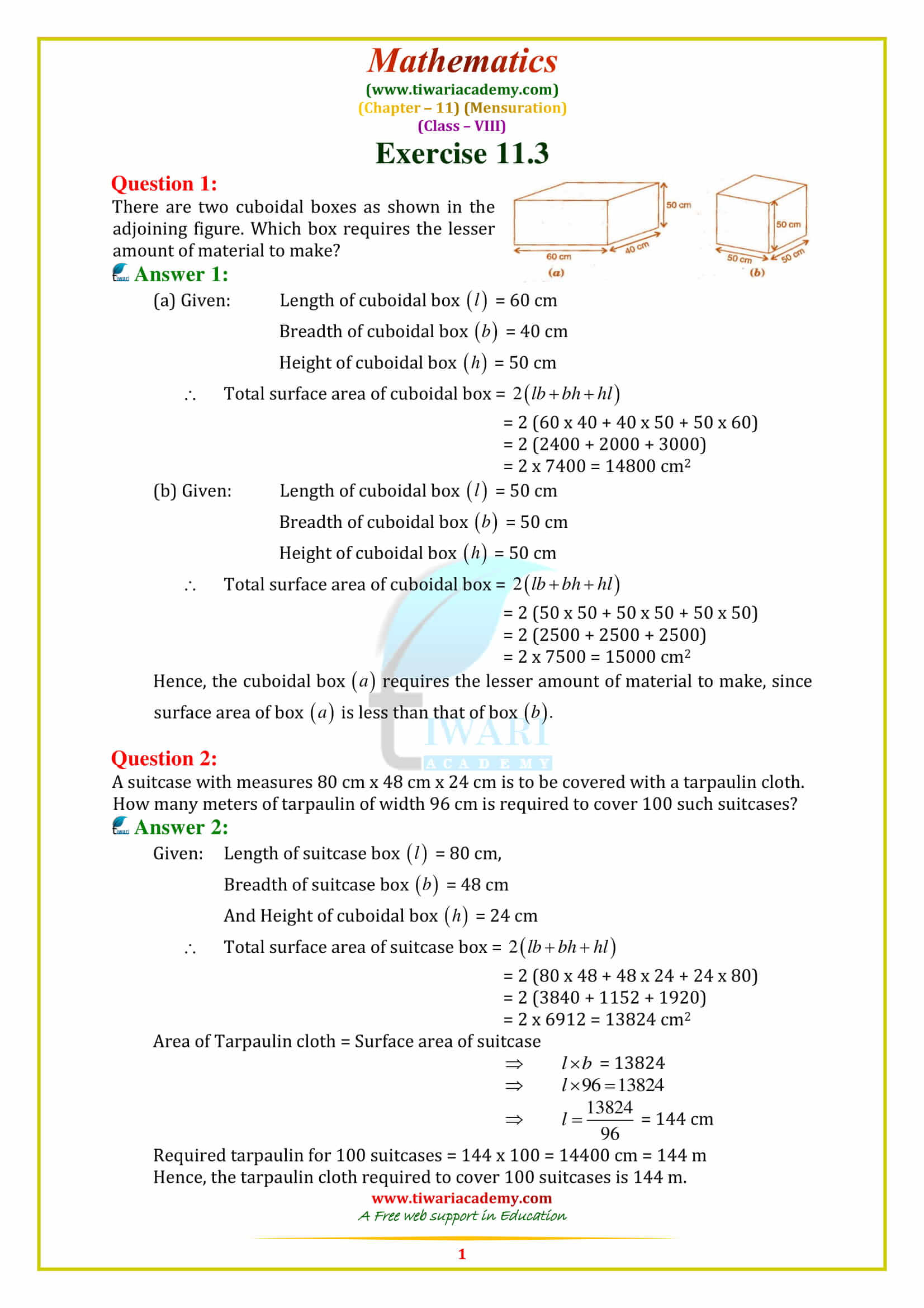 NCERT Solutions for Class 8 Maths Chapter 11 Exercise 11.3