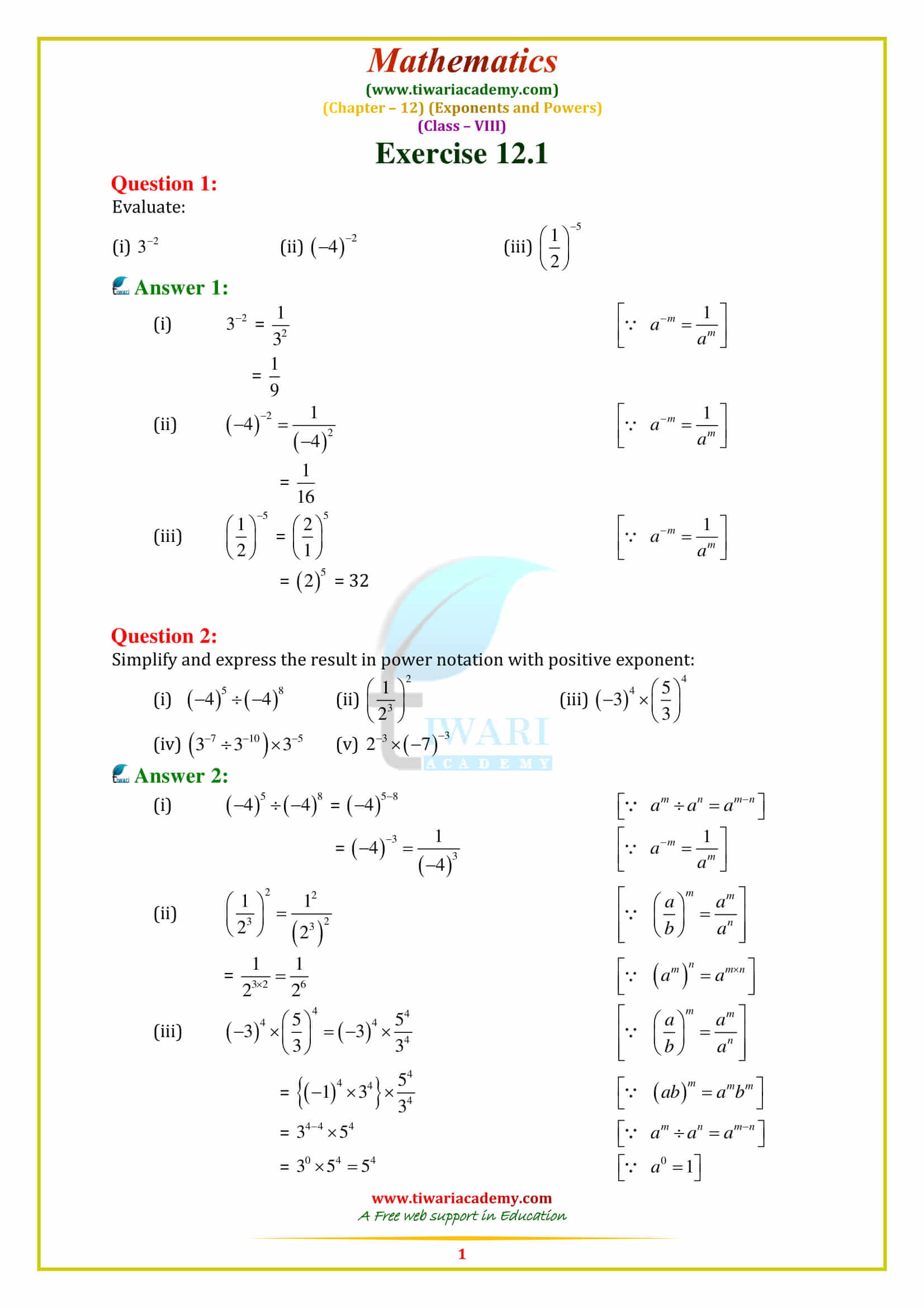 NCERT Solutions for Class 8 Maths Chapter 12 Exponents and Powers in english medium